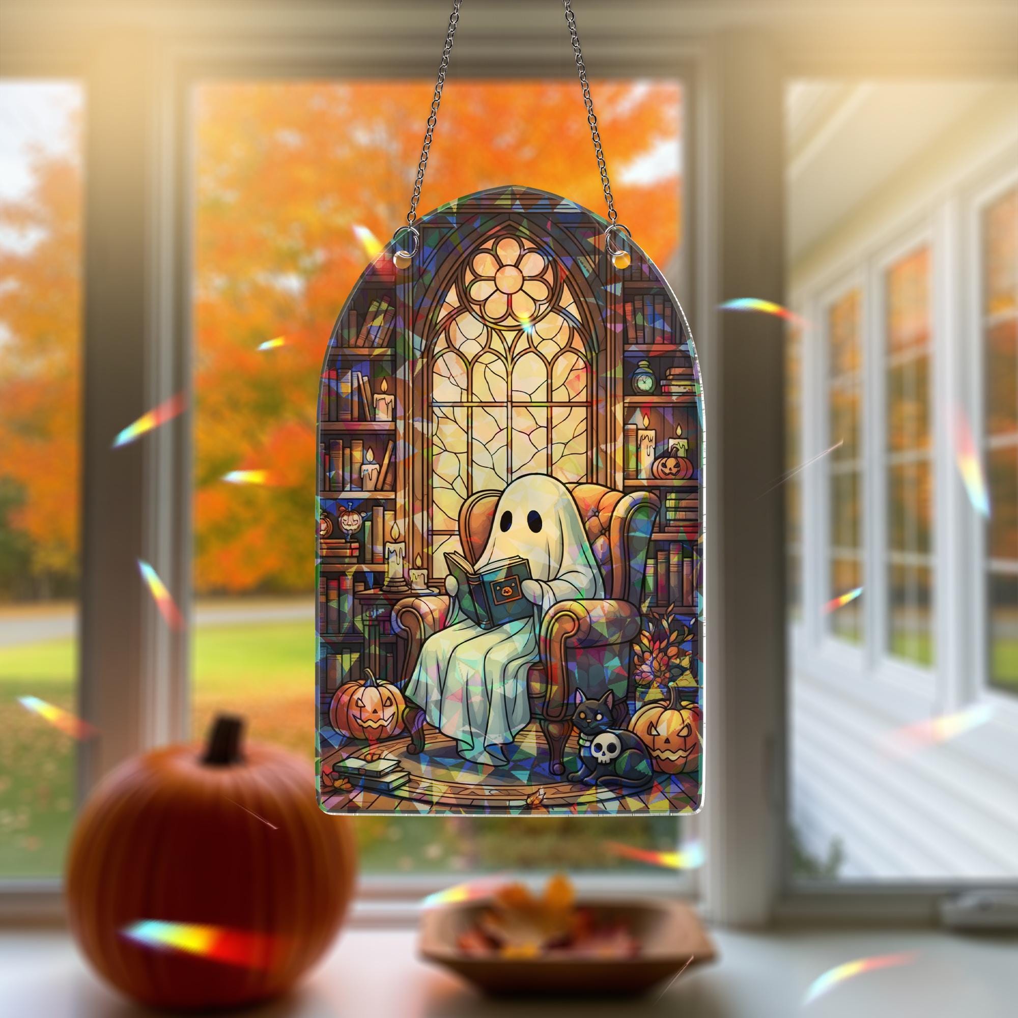 Ghost ACRYLIC Hologram Ornament, Cute Halloween Decor with Book, Pumpkin, Cat, Gothic Window Hanging for Fall Aesthetic Lovers, Witchy Decor