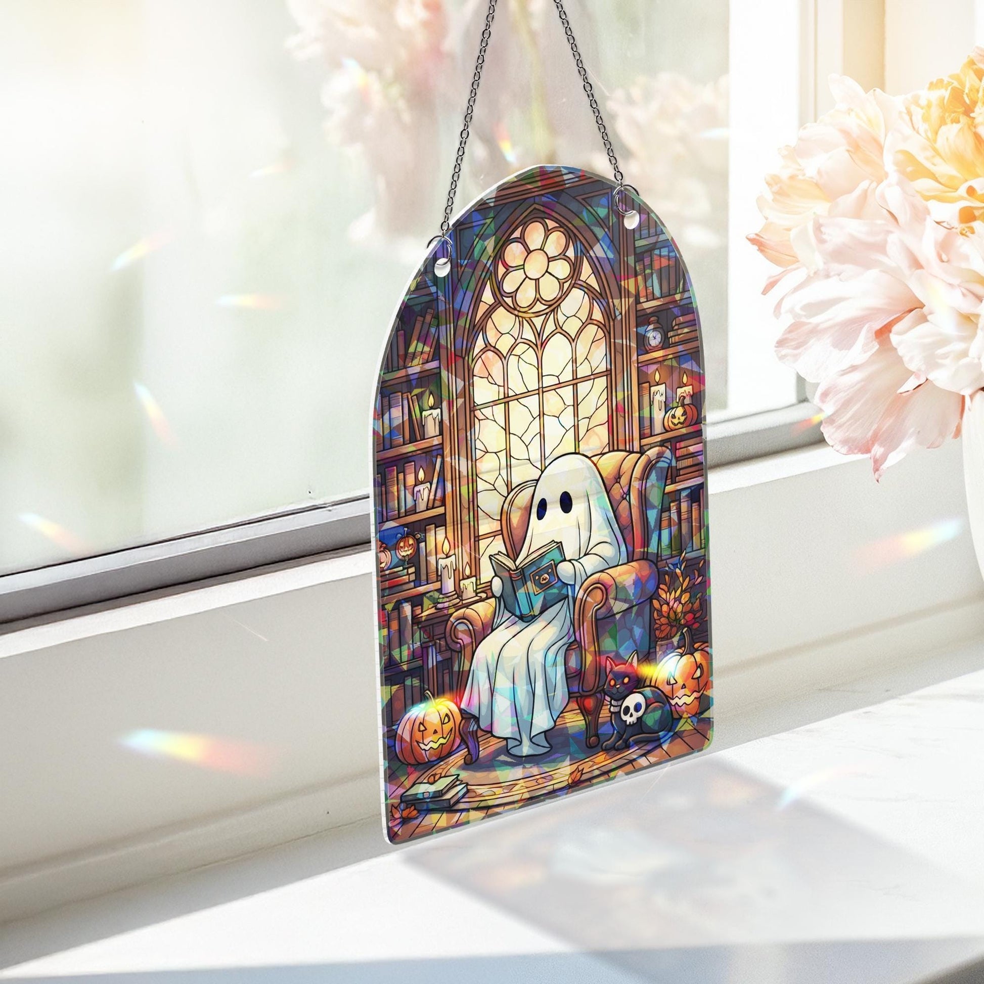 Ghost ACRYLIC Hologram Ornament, Cute Halloween Decor with Book, Pumpkin, Cat, Gothic Window Hanging for Fall Aesthetic Lovers, Witchy Decor