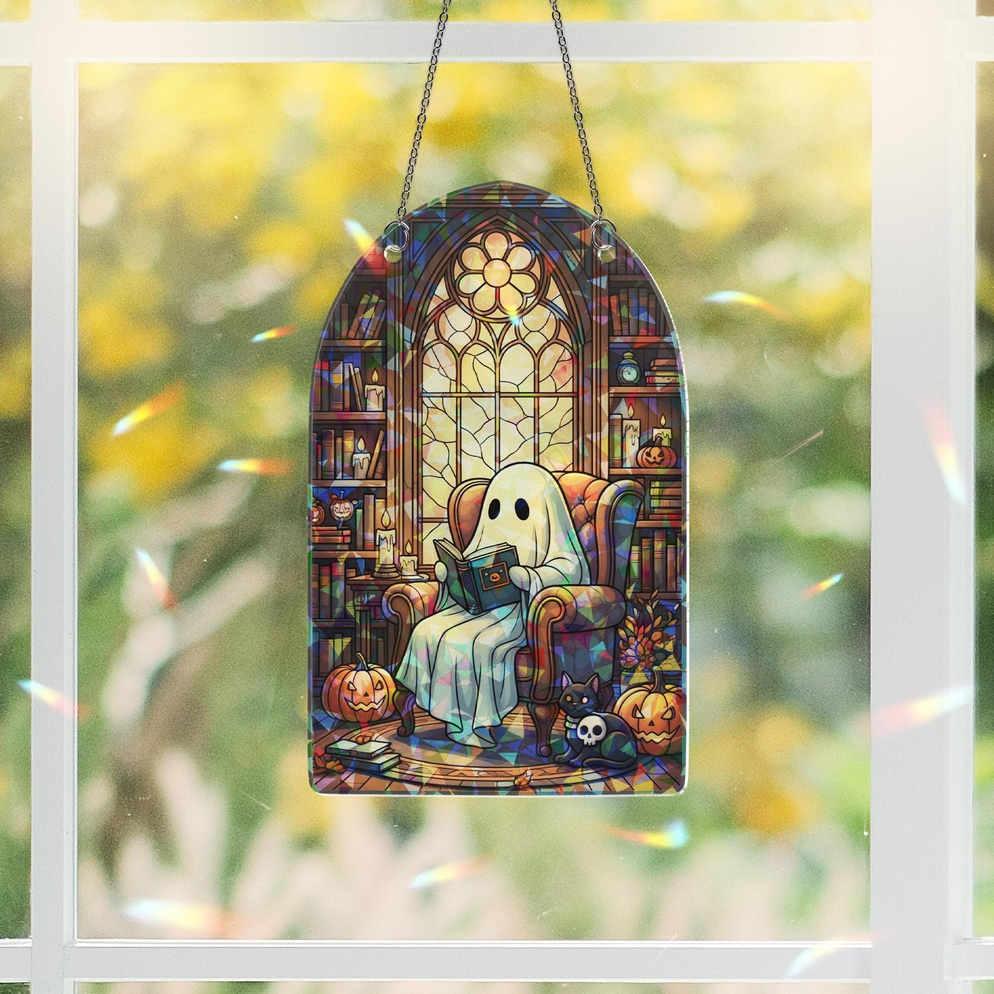Ghost ACRYLIC Hologram Ornament, Cute Halloween Decor with Book, Pumpkin, Cat, Gothic Window Hanging for Fall Aesthetic Lovers, Witchy Decor