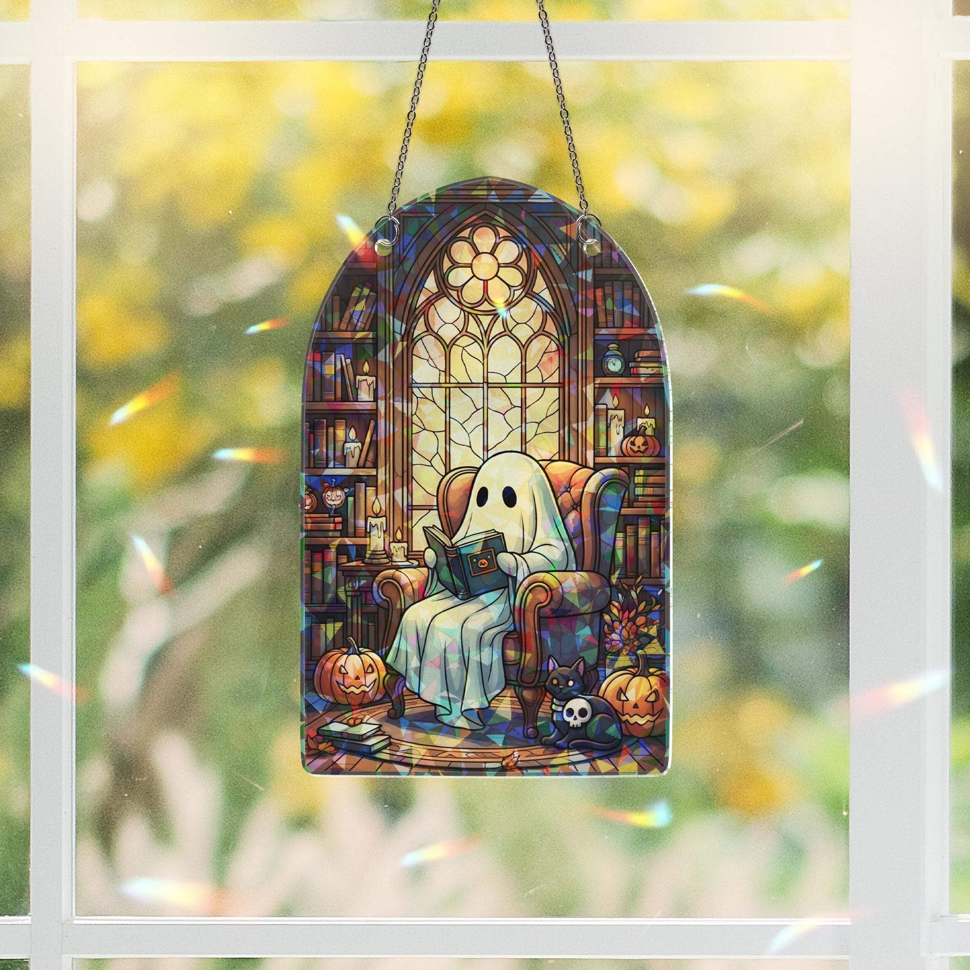 Ghost ACRYLIC Hologram Ornament, Cute Halloween Decor with Book, Pumpkin, Cat, Gothic Window Hanging for Fall Aesthetic Lovers, Witchy Decor
