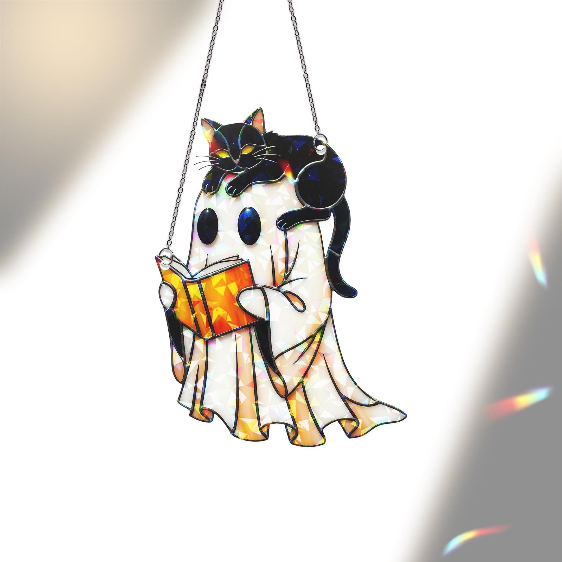 Cute Ghost and Cat Hologram Ornament – Halloween Window Decor with Book – Spooky Fall Gothic Hanging for Book Lovers, Witchy Decor Gift