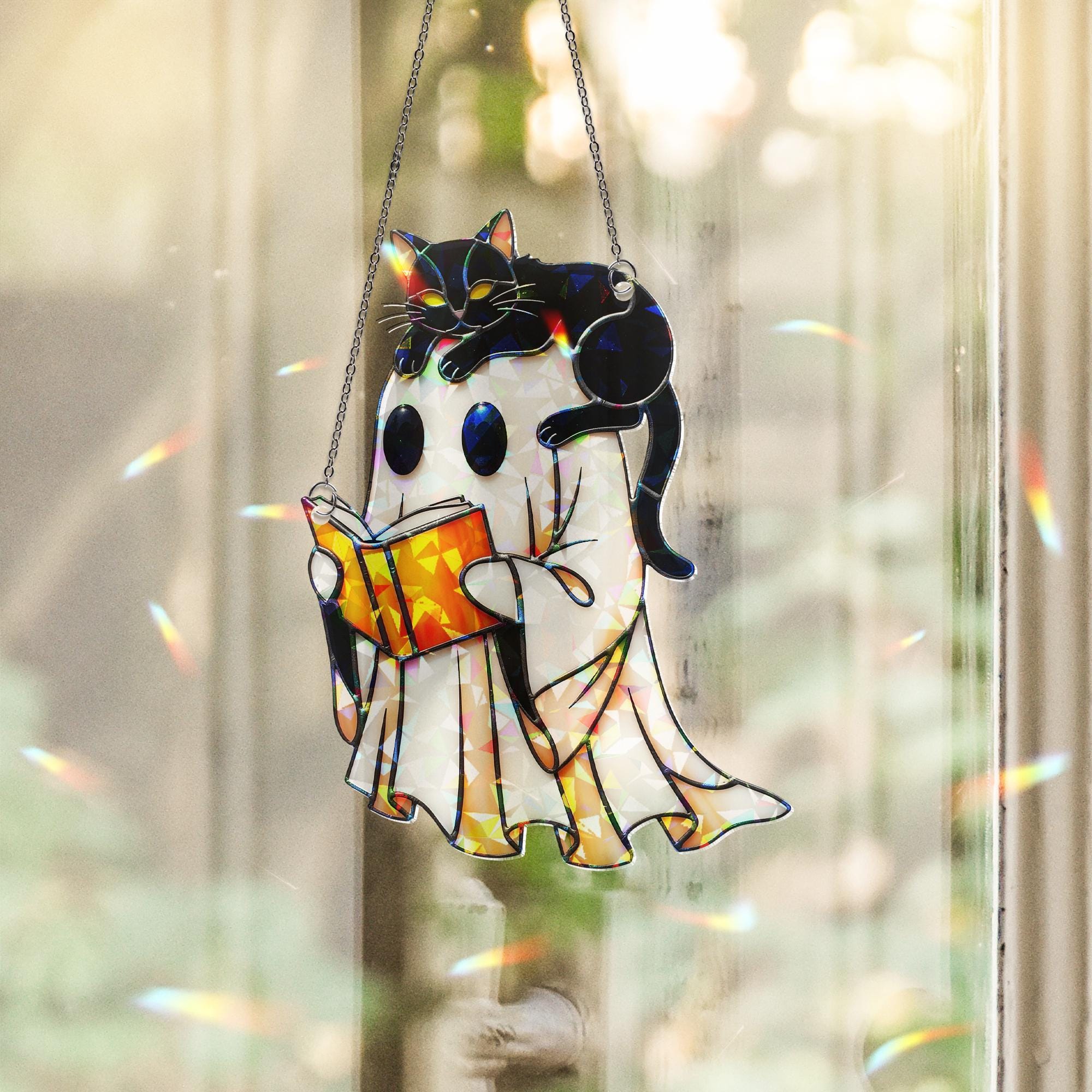 Cute Ghost and Cat Hologram Ornament – Halloween Window Decor with Book – Spooky Fall Gothic Hanging for Book Lovers, Witchy Decor Gift