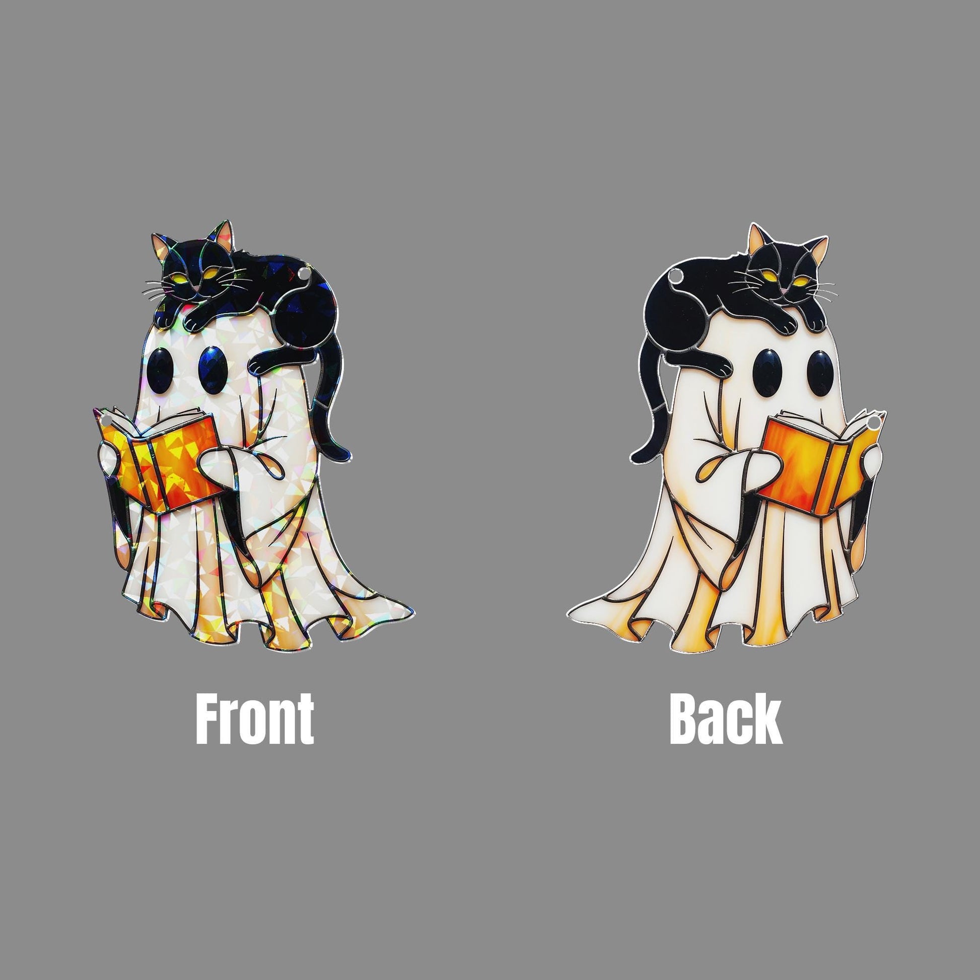 Cute Ghost and Cat Hologram Ornament – Halloween Window Decor with Book – Spooky Fall Gothic Hanging for Book Lovers, Witchy Decor Gift