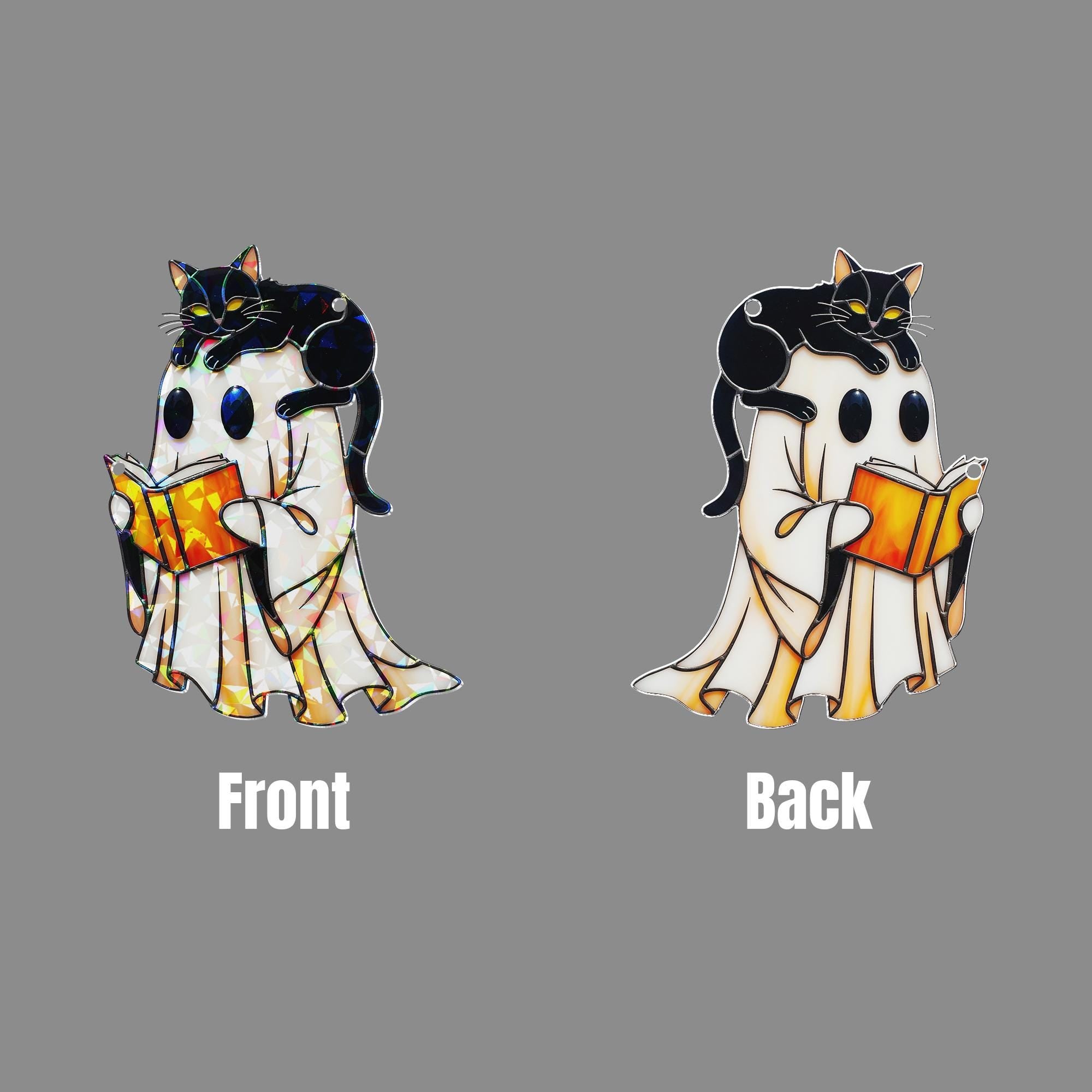 Cute Ghost and Cat Hologram Ornament – Halloween Window Decor with Book – Spooky Fall Gothic Hanging for Book Lovers, Witchy Decor Gift