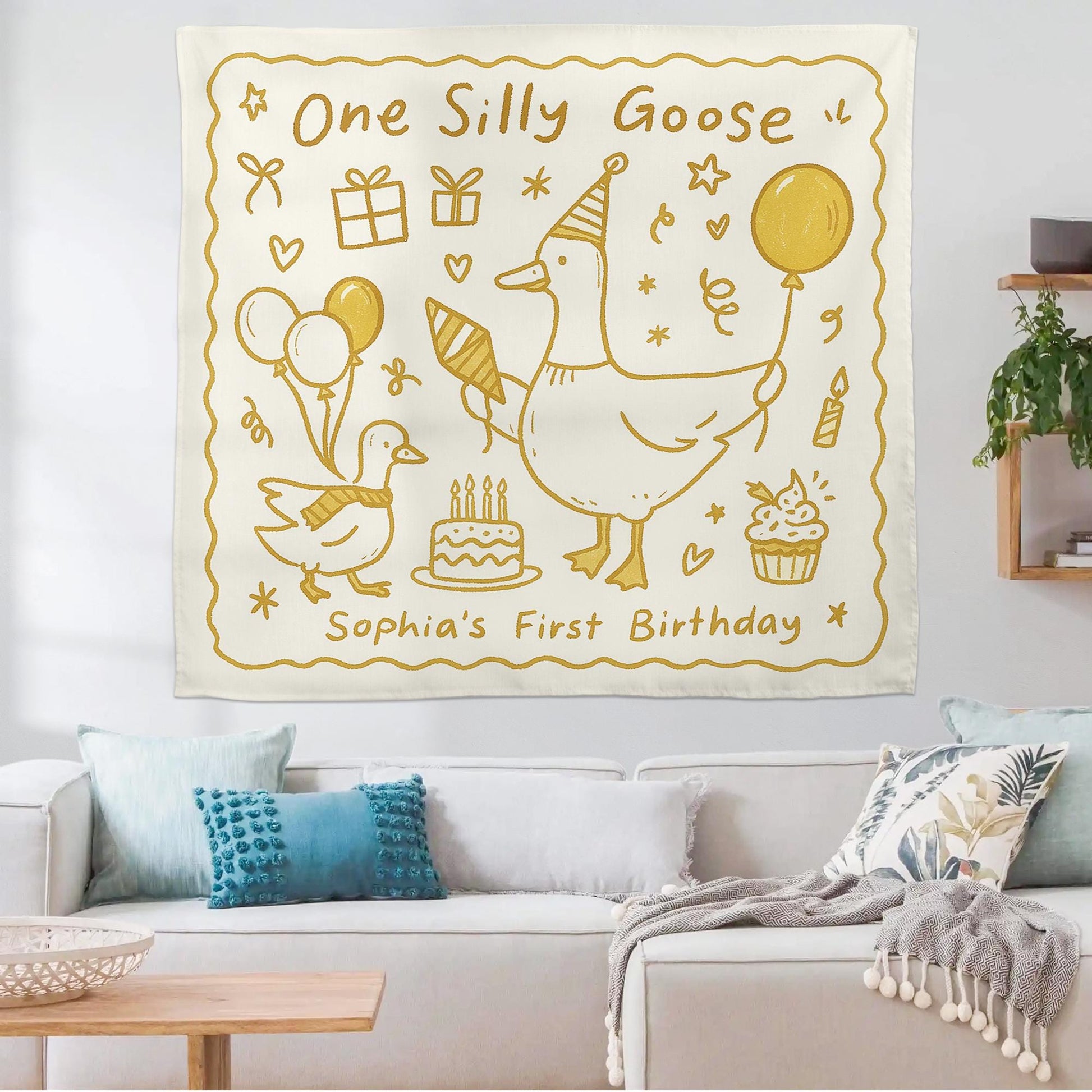 One Silly Goose Birthday Tapestry – Custom 1st Birthday Party Backdrop for Girls – Goose Theme Baby Decor with Name Personalization Banner