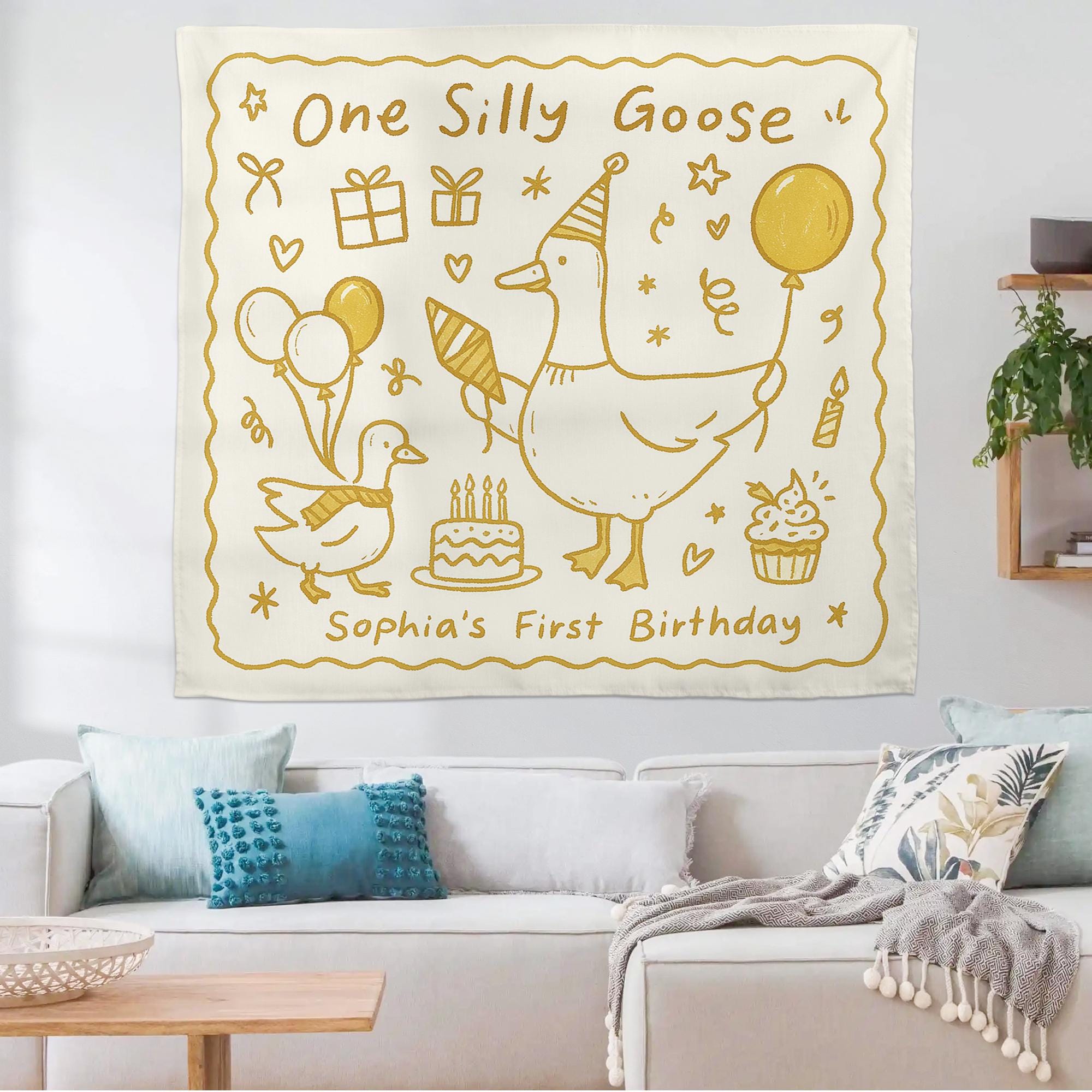 One Silly Goose Birthday Tapestry – Custom 1st Birthday Party Backdrop for Girls – Goose Theme Baby Decor with Name Personalization Banner