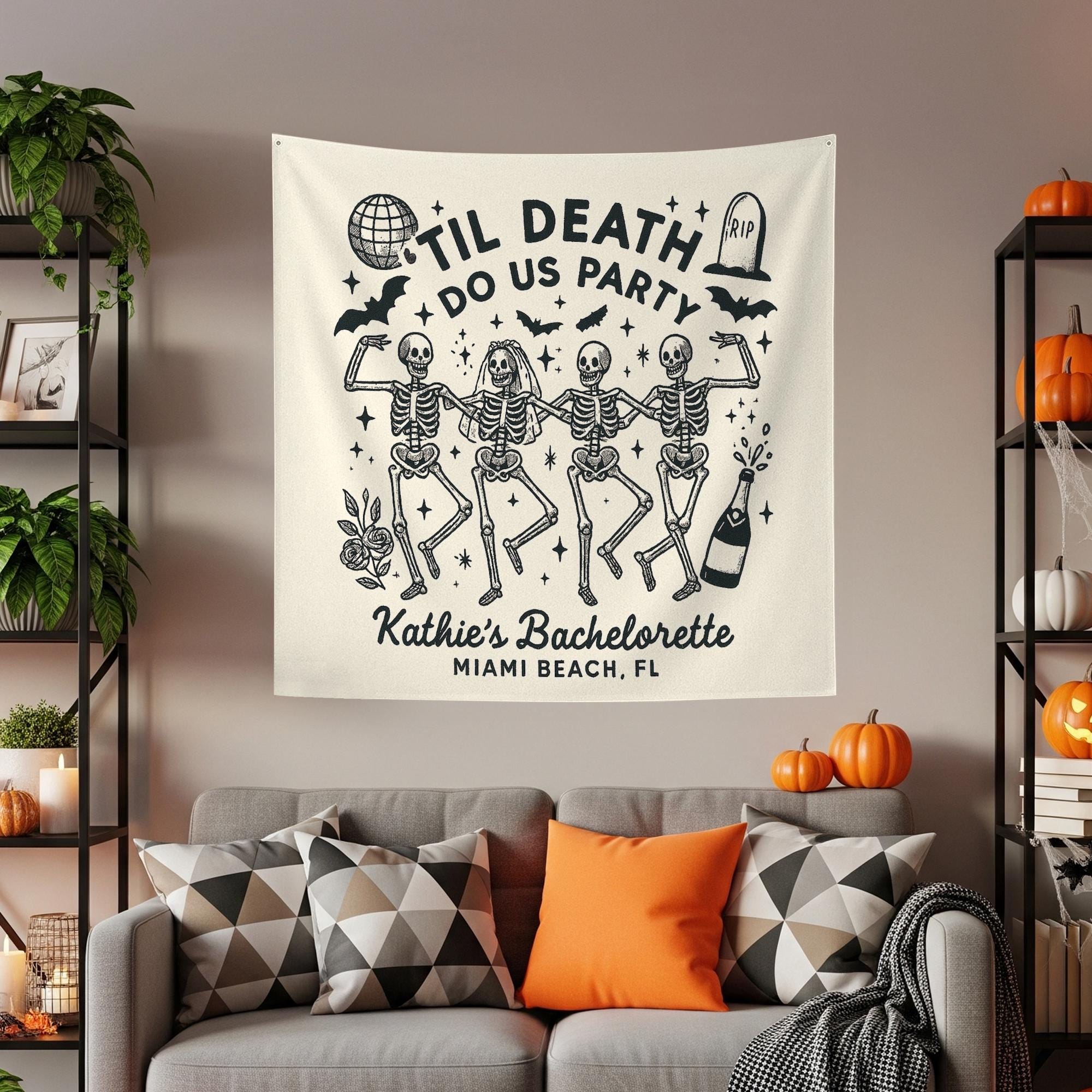Til Death Do Us Party Tapestry – Custom Bachelorette Halloween Backdrop with Skeletons – Spooky Bridal Shower Party Banner, Witchy Decor