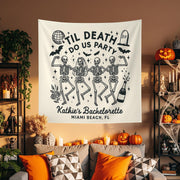 Til Death Do Us Party Tapestry – Custom Bachelorette Halloween Backdrop with Skeletons – Spooky Bridal Shower Party Banner, Witchy Decor