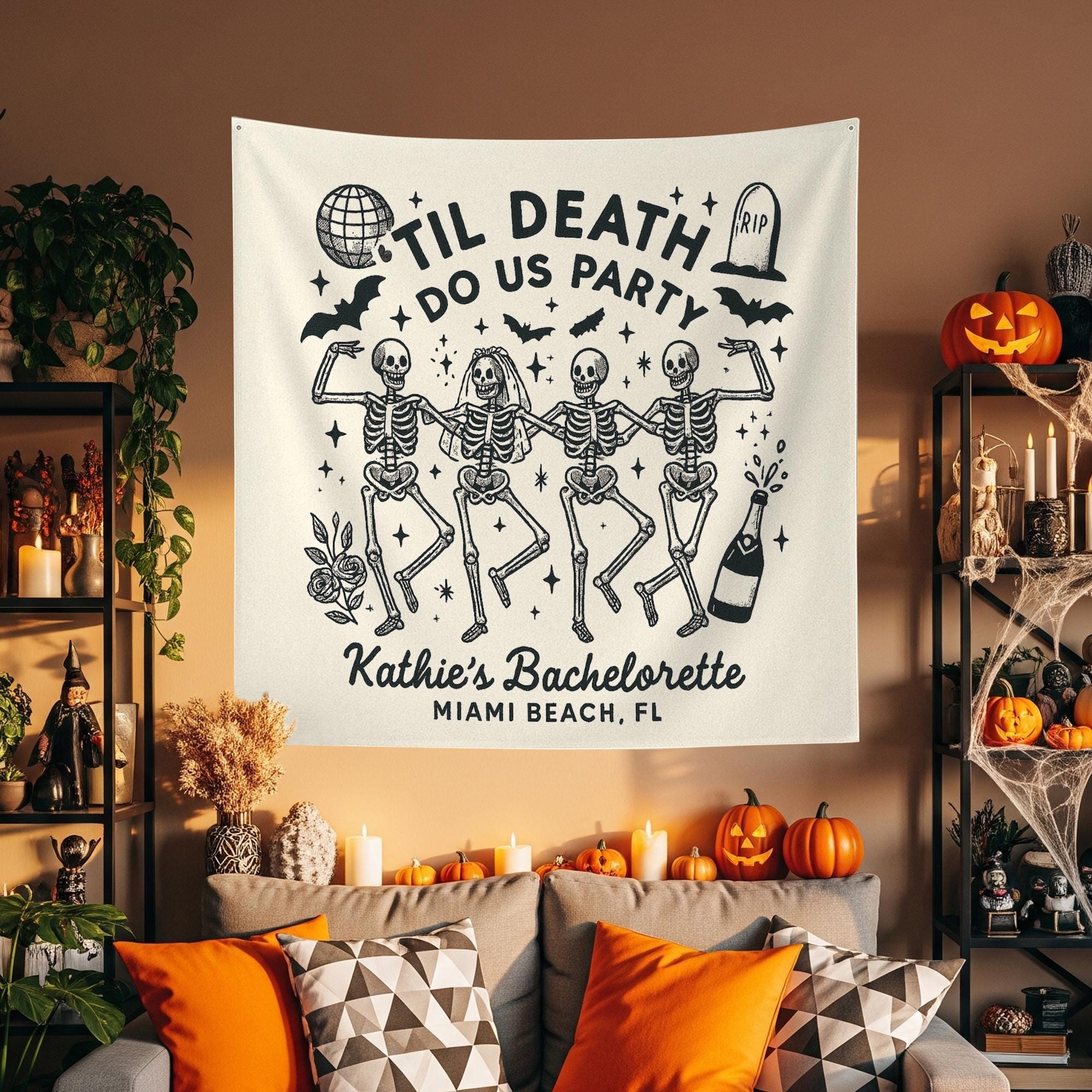 Til Death Do Us Party Tapestry – Custom Bachelorette Halloween Backdrop with Skeletons – Spooky Bridal Shower Party Banner, Witchy Decor