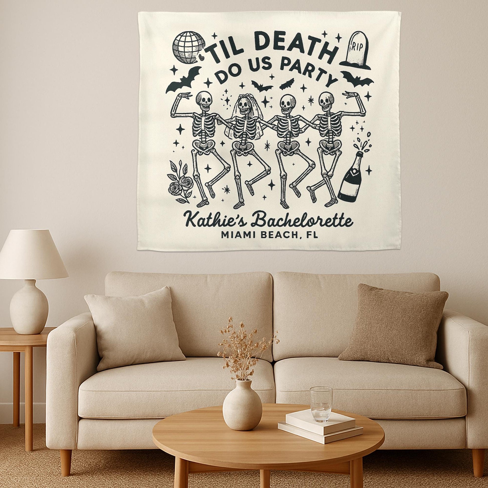 Til Death Do Us Party Tapestry – Custom Bachelorette Halloween Backdrop with Skeletons – Spooky Bridal Shower Party Banner, Witchy Decor