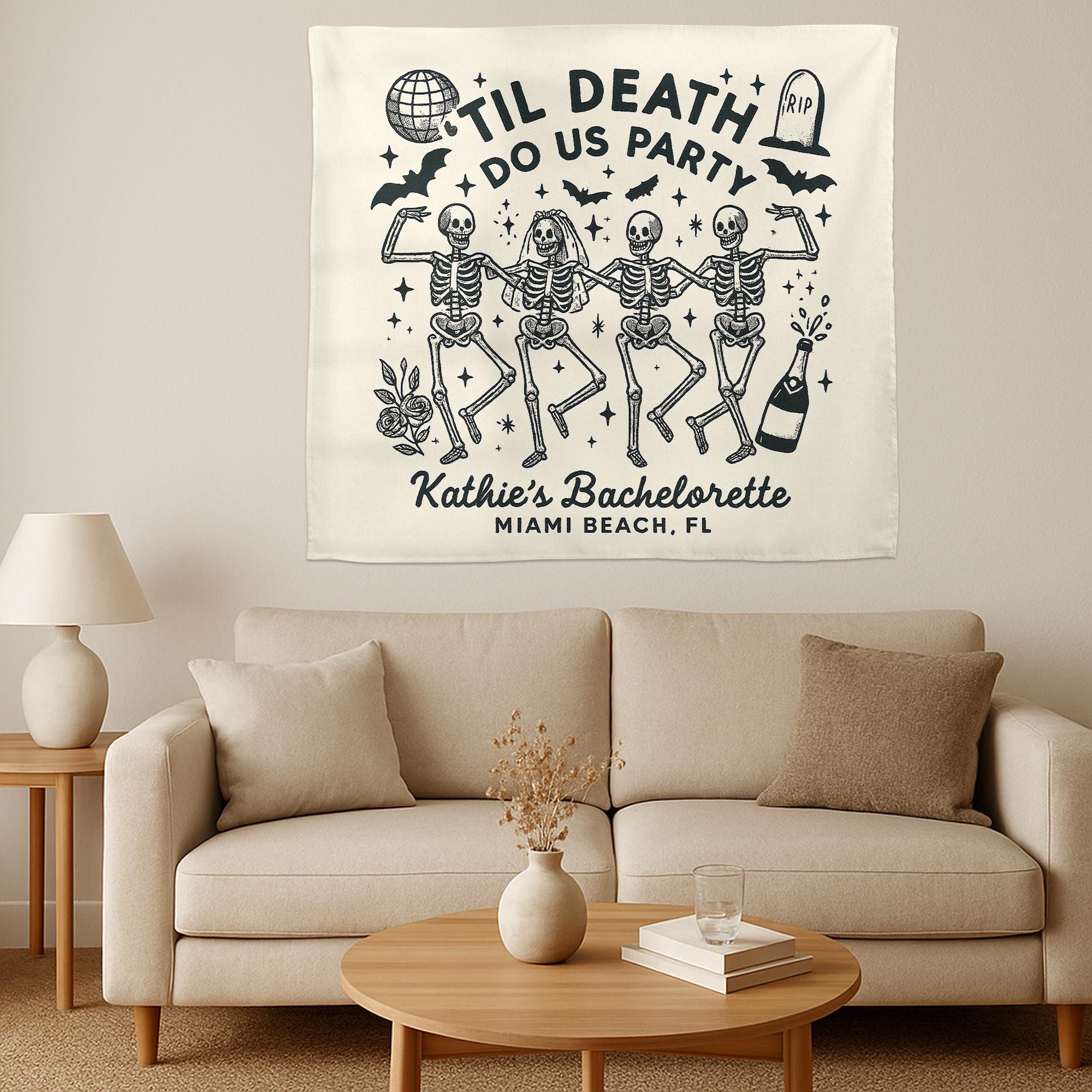 Til Death Do Us Party Tapestry – Custom Bachelorette Halloween Backdrop with Skeletons – Spooky Bridal Shower Party Banner, Witchy Decor