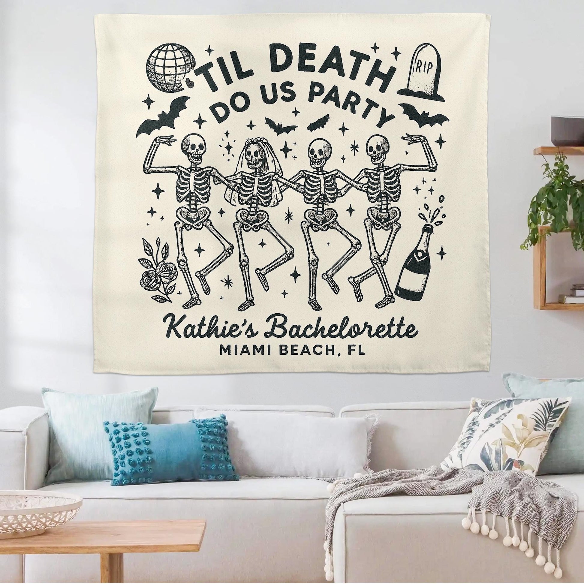 Til Death Do Us Party Tapestry – Custom Bachelorette Halloween Backdrop with Skeletons – Spooky Bridal Shower Party Banner, Witchy Decor