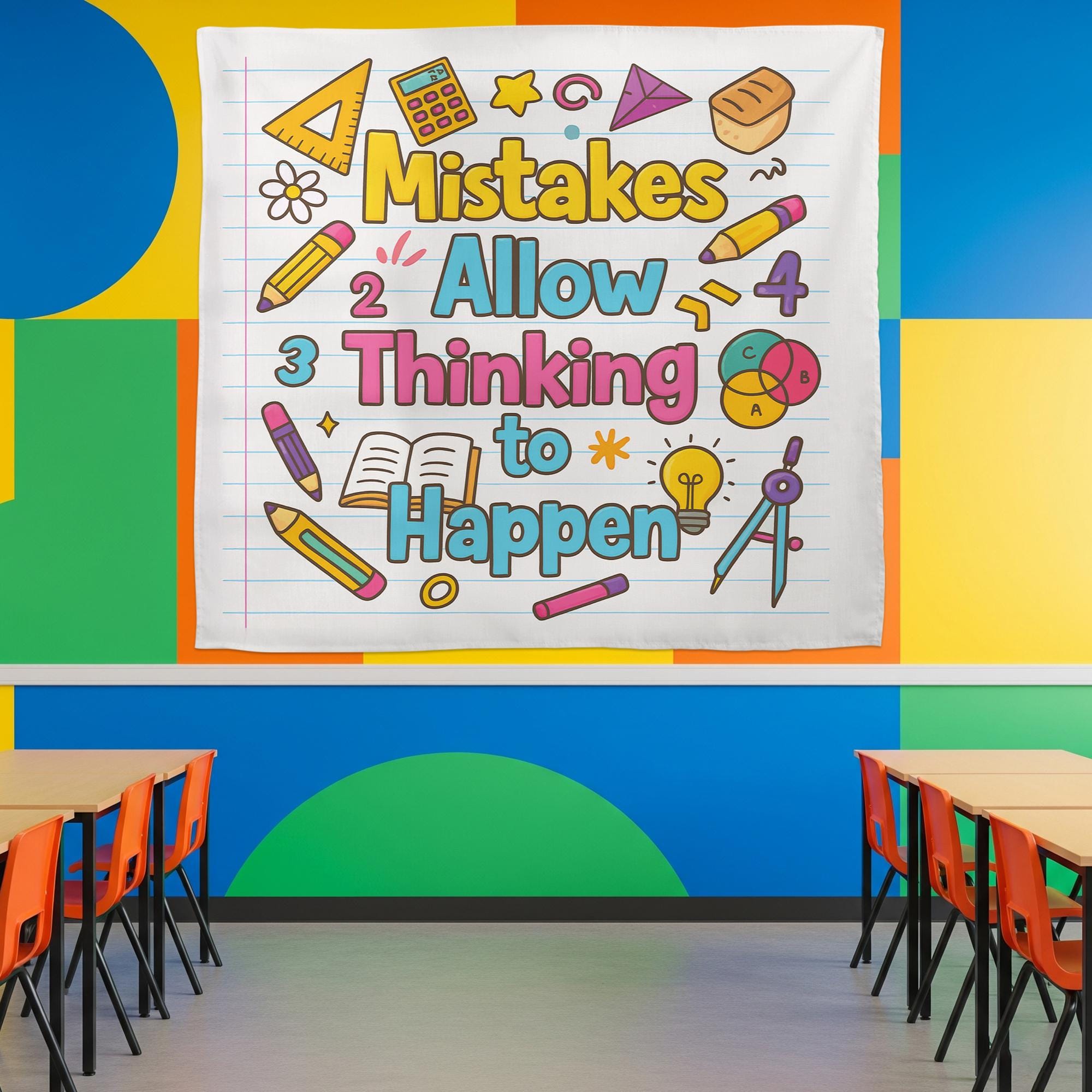Mistakes Allow Thinking to Happen Classroom Tapestry – Inspirational Teacher Wall Decor, Colorful Educational Poster for Kids Room, Math Art