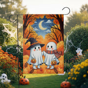 Cute Ghost Couple Halloween Garden Flag – Trick or Treat Yard Decor with Pumpkins and Moon – Autumn Outdoor Spooky Lawn Decoration