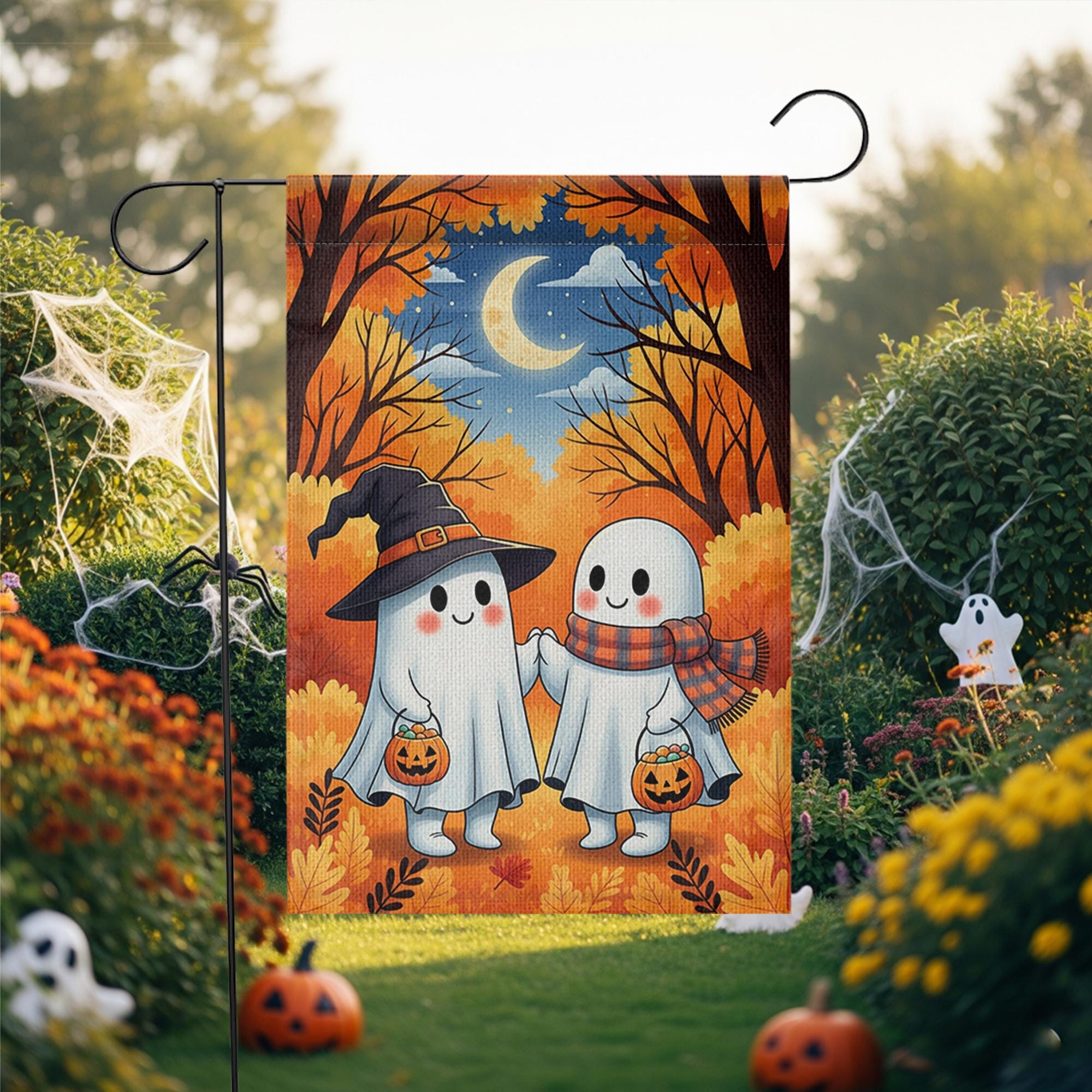 Cute Ghost Couple Halloween Garden Flag – Trick or Treat Yard Decor with Pumpkins and Moon – Autumn Outdoor Spooky Lawn Decoration