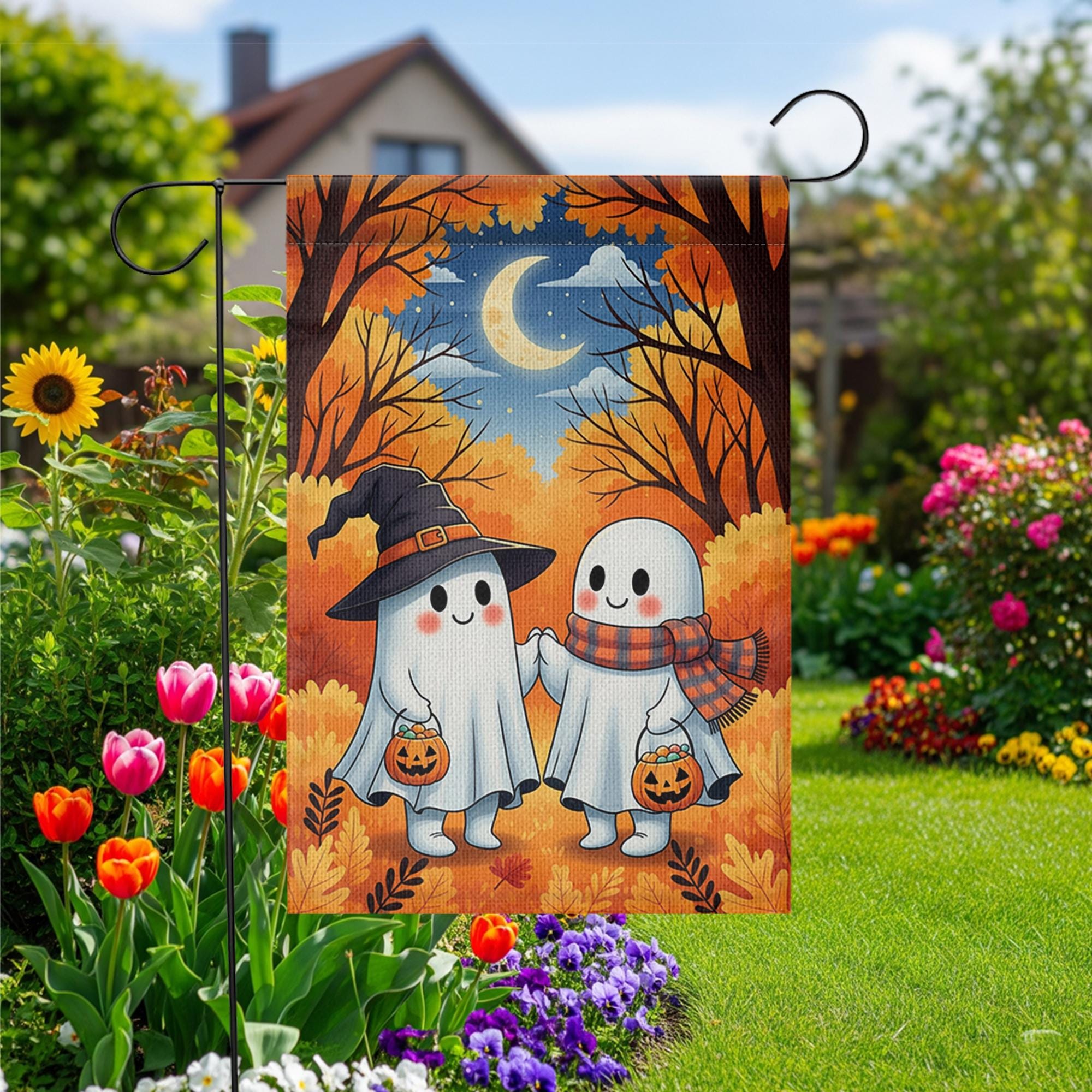 Cute Ghost Couple Halloween Garden Flag – Trick or Treat Yard Decor with Pumpkins and Moon – Autumn Outdoor Spooky Lawn Decoration