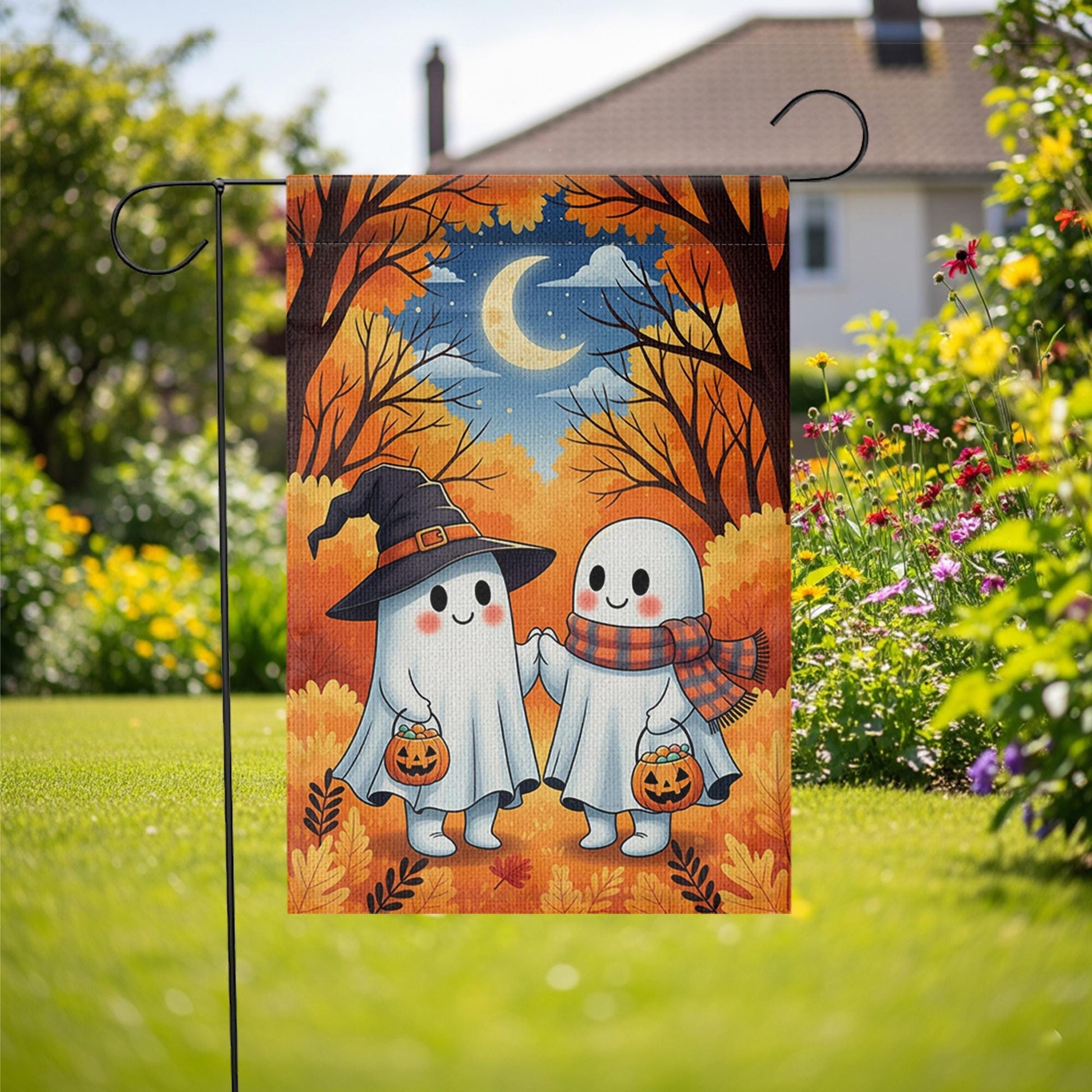 Cute Ghost Couple Halloween Garden Flag – Trick or Treat Yard Decor with Pumpkins and Moon – Autumn Outdoor Spooky Lawn Decoration