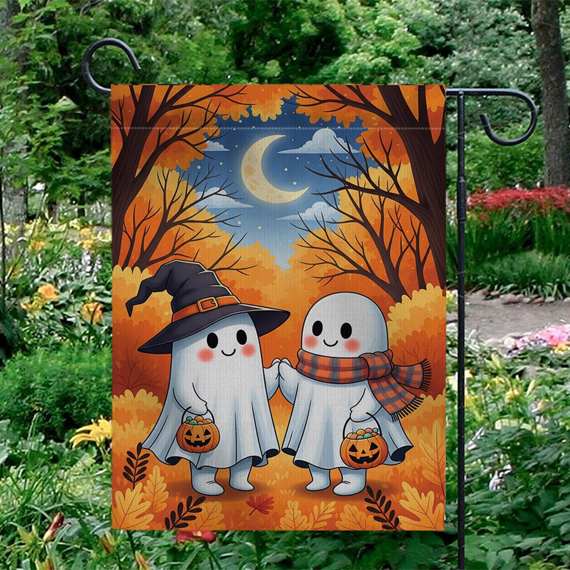 Cute Ghost Couple Halloween Garden Flag – Trick or Treat Yard Decor with Pumpkins and Moon – Autumn Outdoor Spooky Lawn Decoration