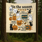Tis the Season Halloween Wall Tapestry – Cute Ghosts, Cats, Pumpkins – Spooky Fall Decor for Trick or Treat and Autumn Vibes, Halloween Art