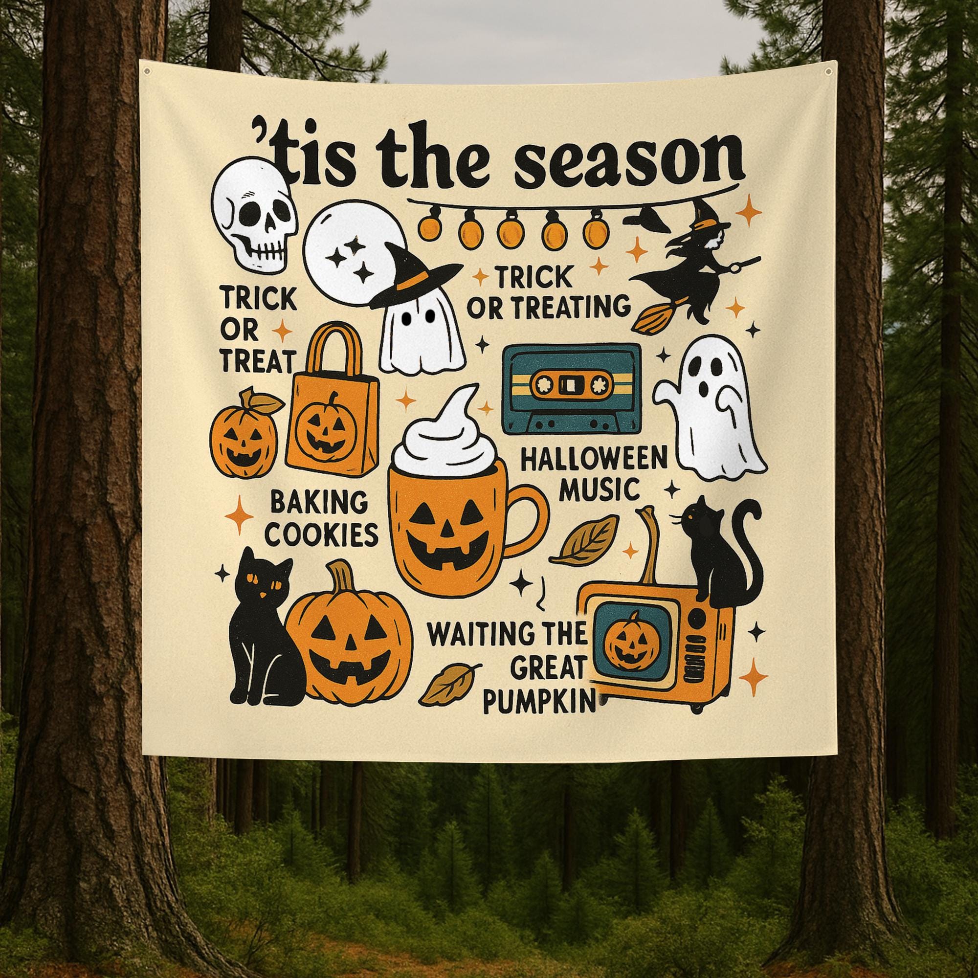 Tis the Season Halloween Wall Tapestry – Cute Ghosts, Cats, Pumpkins – Spooky Fall Decor for Trick or Treat and Autumn Vibes, Halloween Art