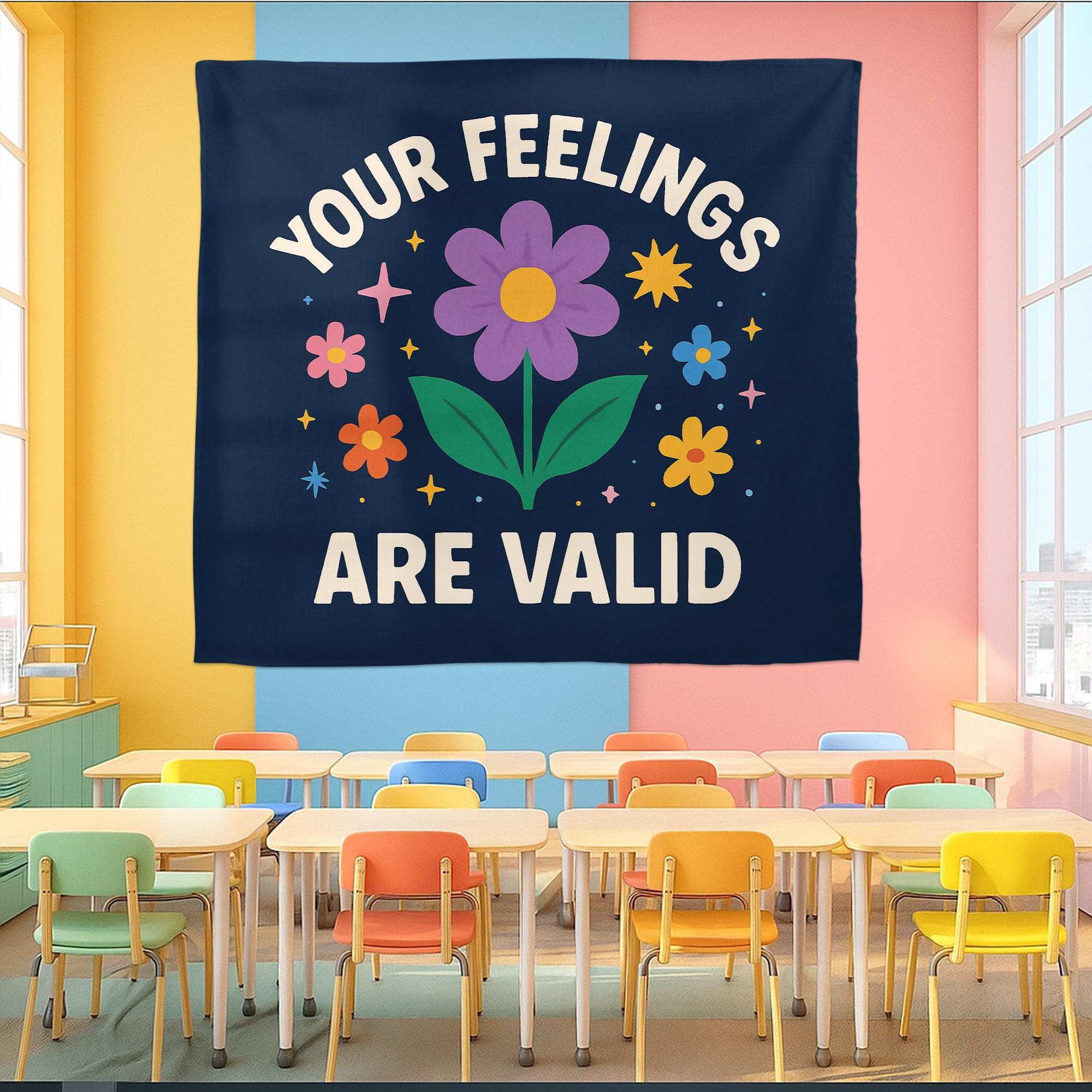 Your Feelings Are Valid Tapestry, Mental Health Wall Decor, Positive Affirmation Banner, Therapy Office Art, Motivational Room Sign