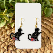 Black Cat Floral Earrings, Witchy Cat Dangle Earrings, Halloween Cute Cat Jewelry, Gothic Gift for Cat Lovers, Black Cat Decor, Feline Gift