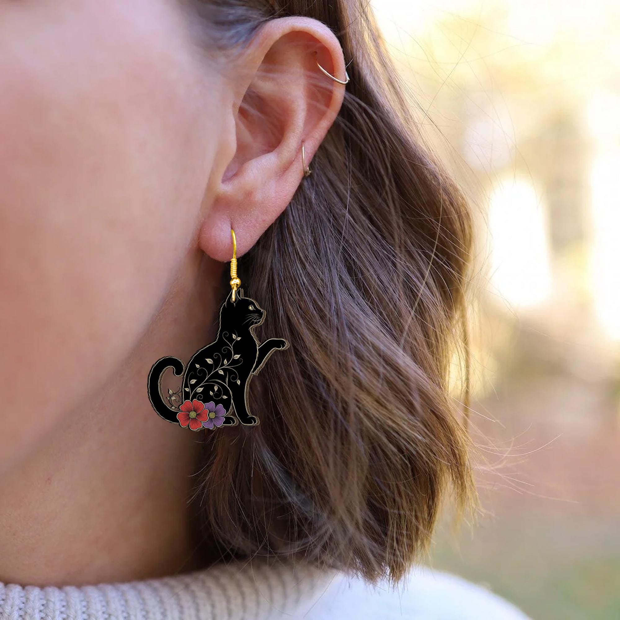 Black Cat Floral Earrings, Witchy Cat Dangle Earrings, Halloween Cute Cat Jewelry, Gothic Gift for Cat Lovers, Black Cat Decor, Feline Gift