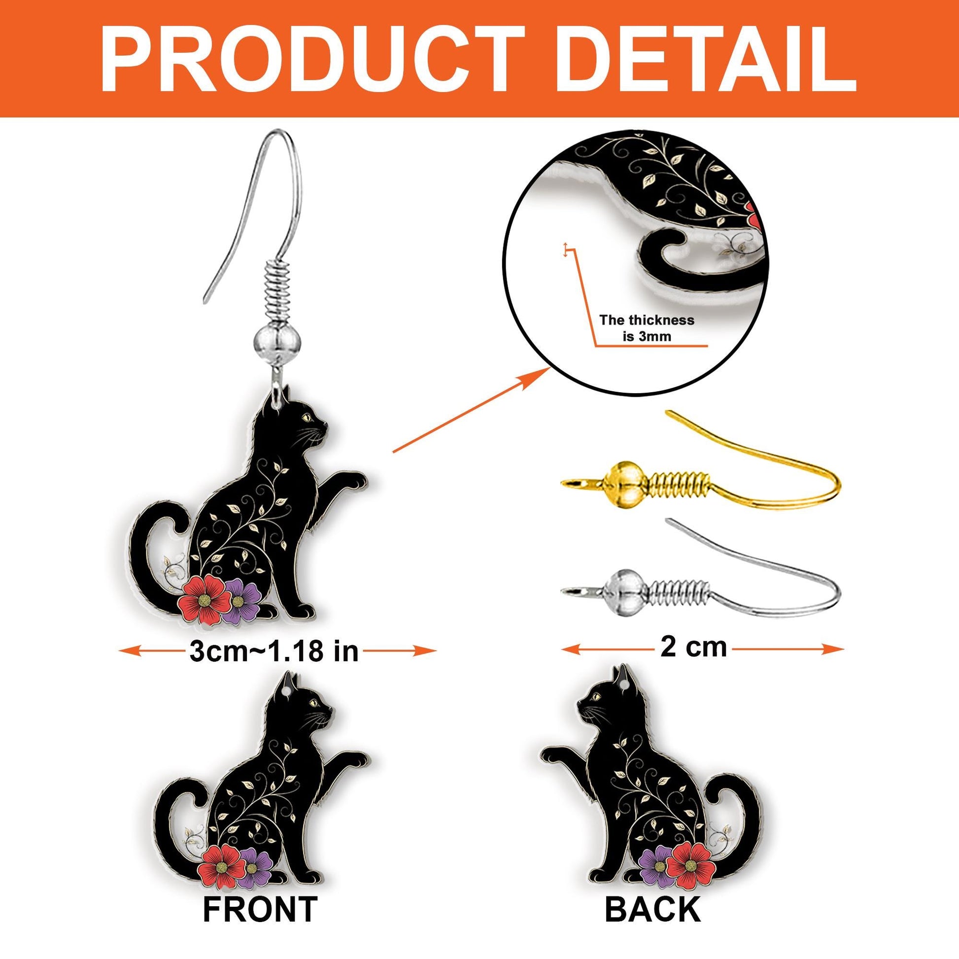 Black Cat Floral Earrings, Witchy Cat Dangle Earrings, Halloween Cute Cat Jewelry, Gothic Gift for Cat Lovers, Black Cat Decor, Feline Gift