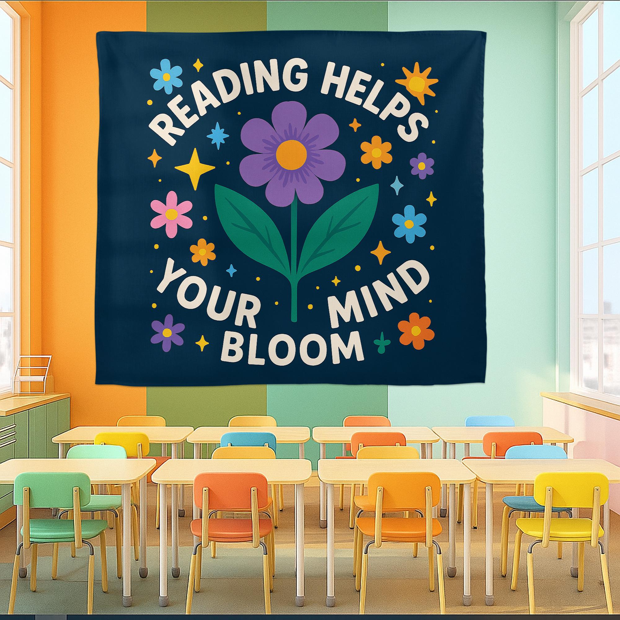 Reading Helps Your Mind Bloom Tapestry, Classroom Reading Wall Decor, Library Motivation Banner, Floral Literacy Poster for Kids