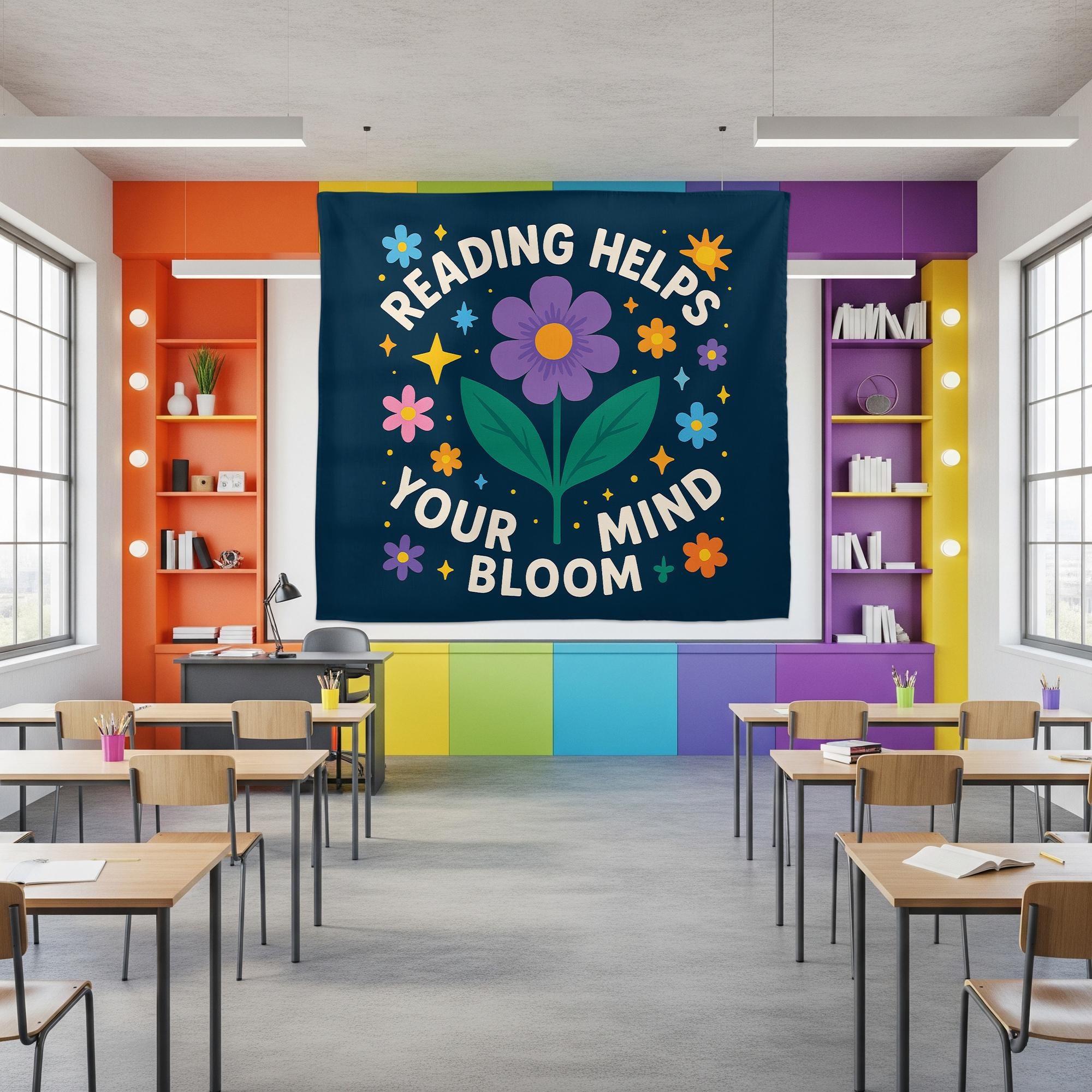 Reading Helps Your Mind Bloom Tapestry, Classroom Reading Wall Decor, Library Motivation Banner, Floral Literacy Poster for Kids