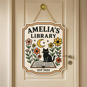 Custom Library Door Sign – Personalized Black Cat Floral Book Plaque – Cute Name Sign for Book Nook, Home Library, or Reading Room