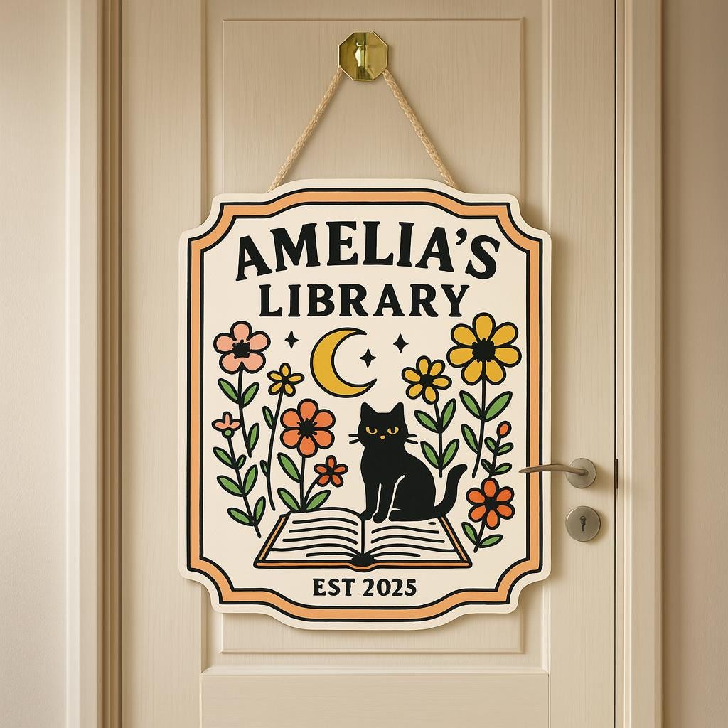 Custom Library Door Sign – Personalized Black Cat Floral Book Plaque – Cute Name Sign for Book Nook, Home Library, or Reading Room