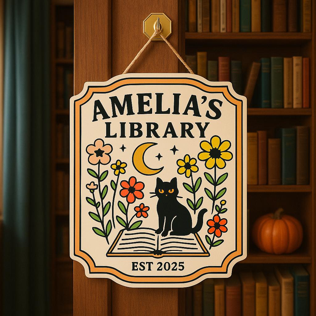 Custom Library Door Sign – Personalized Black Cat Floral Book Plaque – Cute Name Sign for Book Nook, Home Library, or Reading Room
