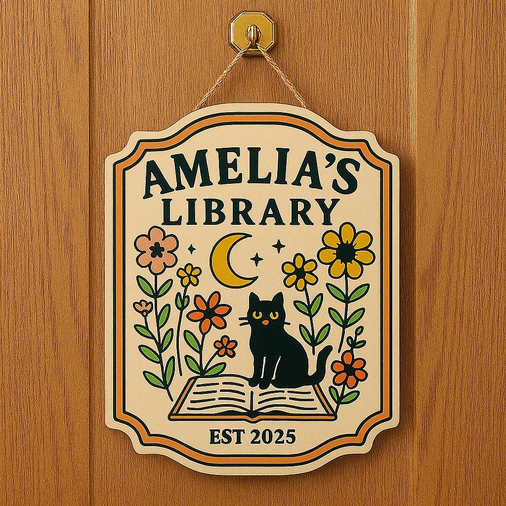 Custom Library Door Sign – Personalized Black Cat Floral Book Plaque – Cute Name Sign for Book Nook, Home Library, or Reading Room