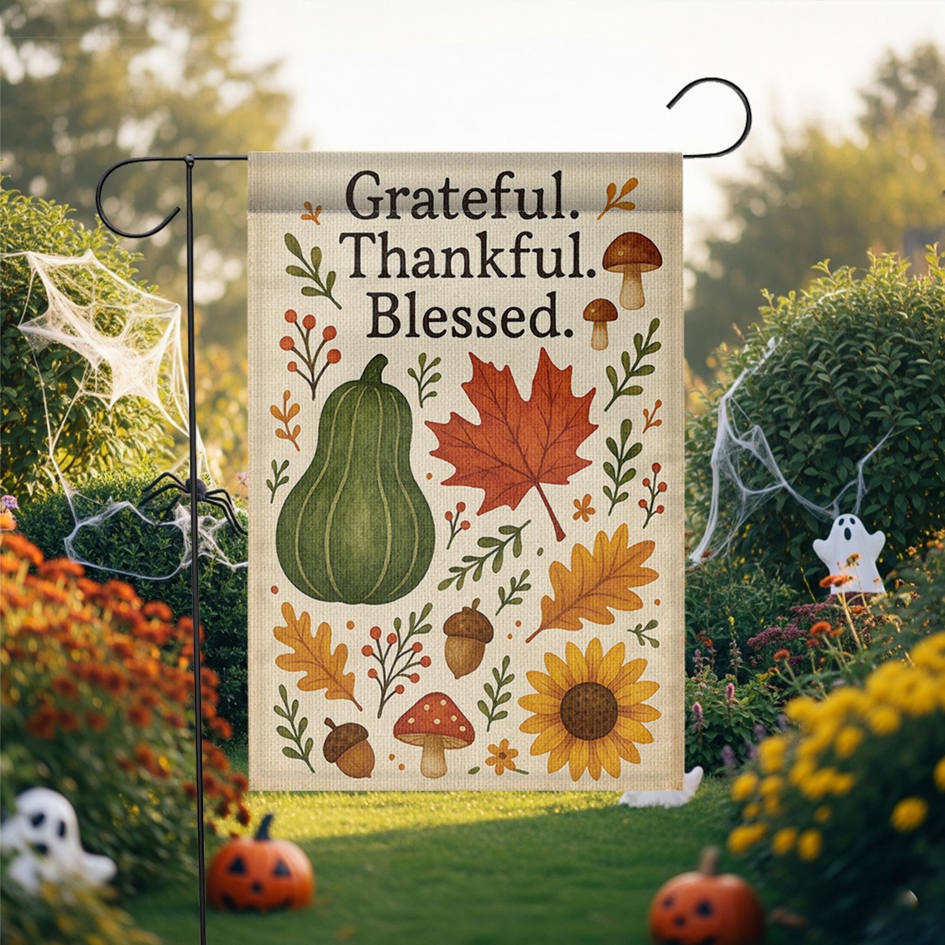 Grateful Thankful Blessed Garden Flag, Fall Yard Decor, Autumn Outdoor Sign, Thanksgiving Porch Flag, Rustic Seasonal Banner
