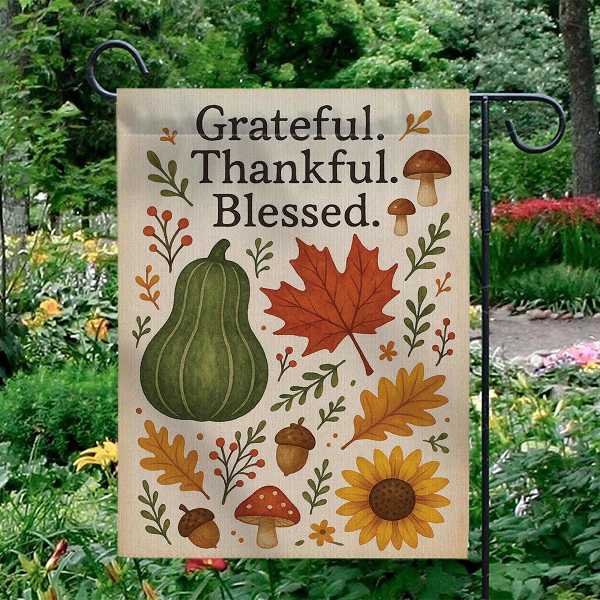 Grateful Thankful Blessed Garden Flag, Fall Yard Decor, Autumn Outdoor Sign, Thanksgiving Porch Flag, Rustic Seasonal Banner