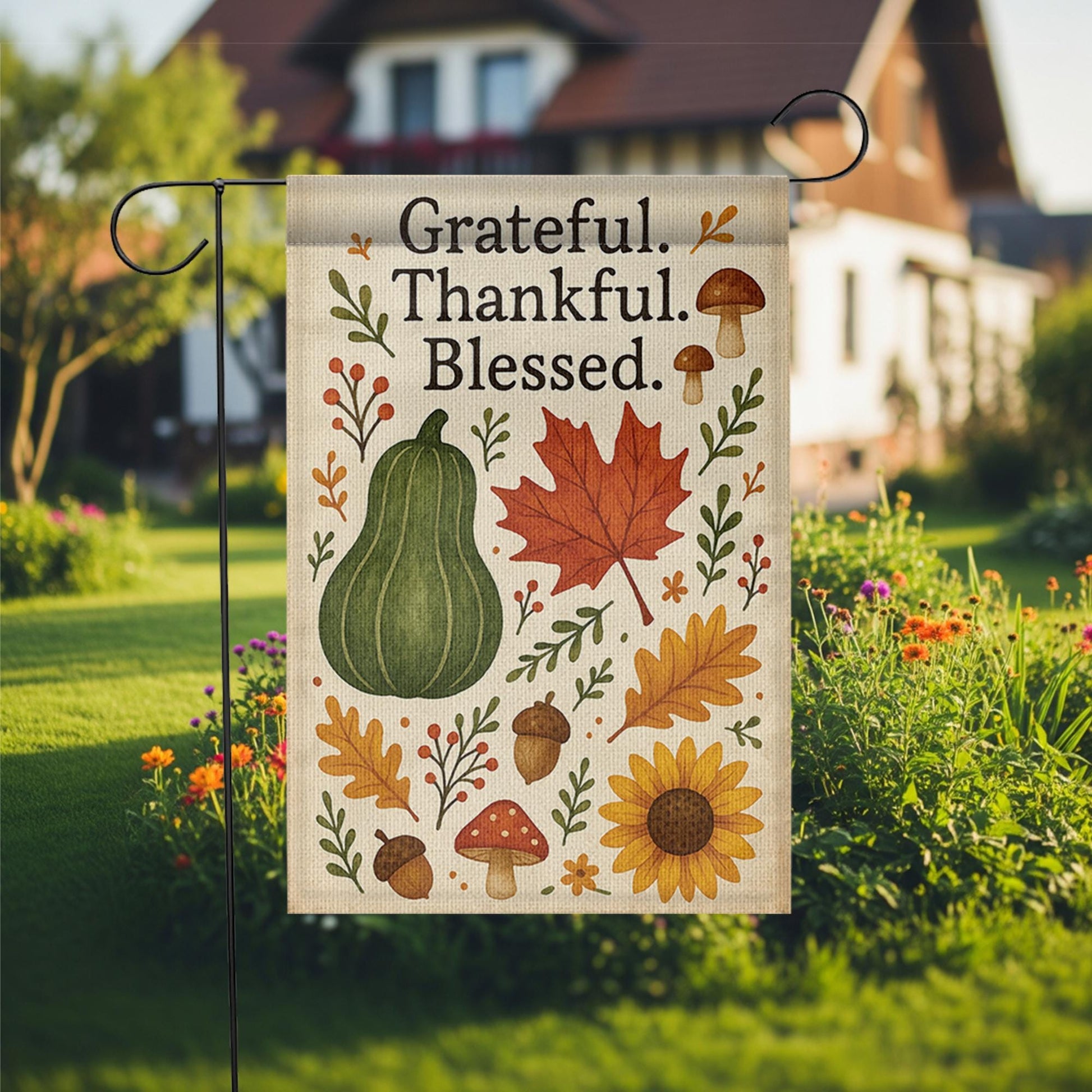 Grateful Thankful Blessed Garden Flag, Fall Yard Decor, Autumn Outdoor Sign, Thanksgiving Porch Flag, Rustic Seasonal Banner