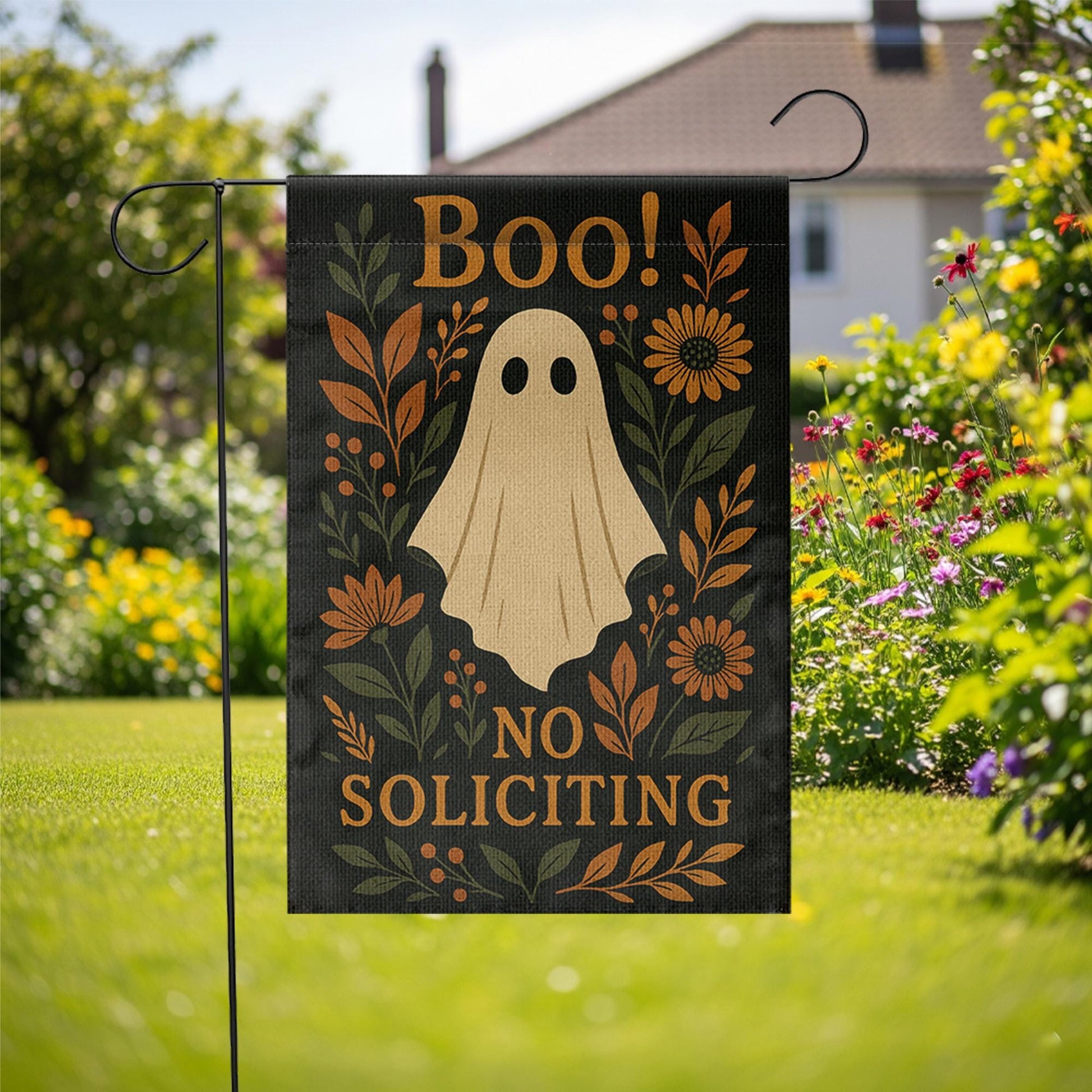 Boo Ghost No Soliciting Garden Flag, Halloween Floral Yard Decor, Rustic Spooky Porch Sign, Fall Outdoor Banner, Autumn Ghost Flag