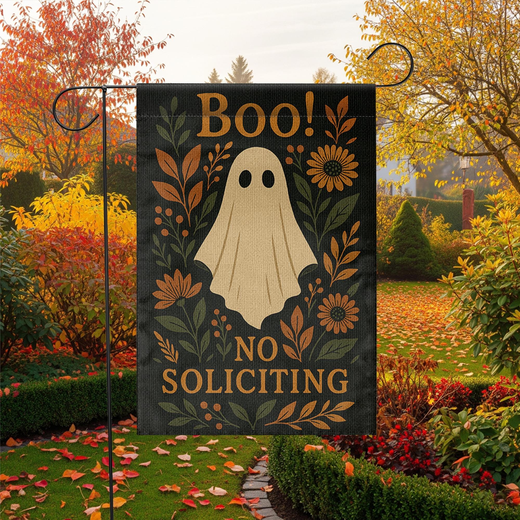 Boo Ghost No Soliciting Garden Flag, Halloween Floral Yard Decor, Rustic Spooky Porch Sign, Fall Outdoor Banner, Autumn Ghost Flag
