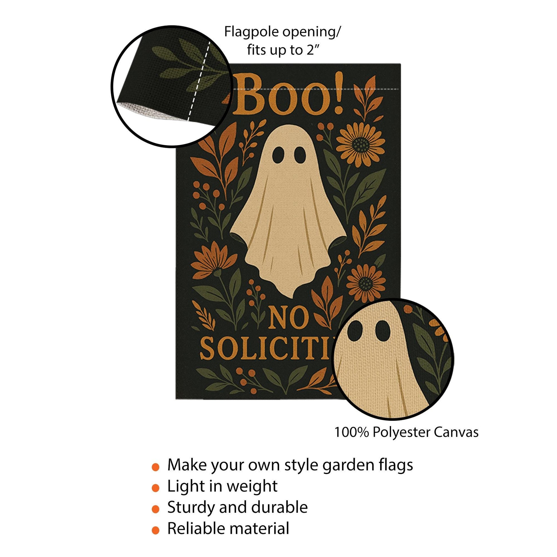 Boo Ghost No Soliciting Garden Flag, Halloween Floral Yard Decor, Rustic Spooky Porch Sign, Fall Outdoor Banner, Autumn Ghost Flag