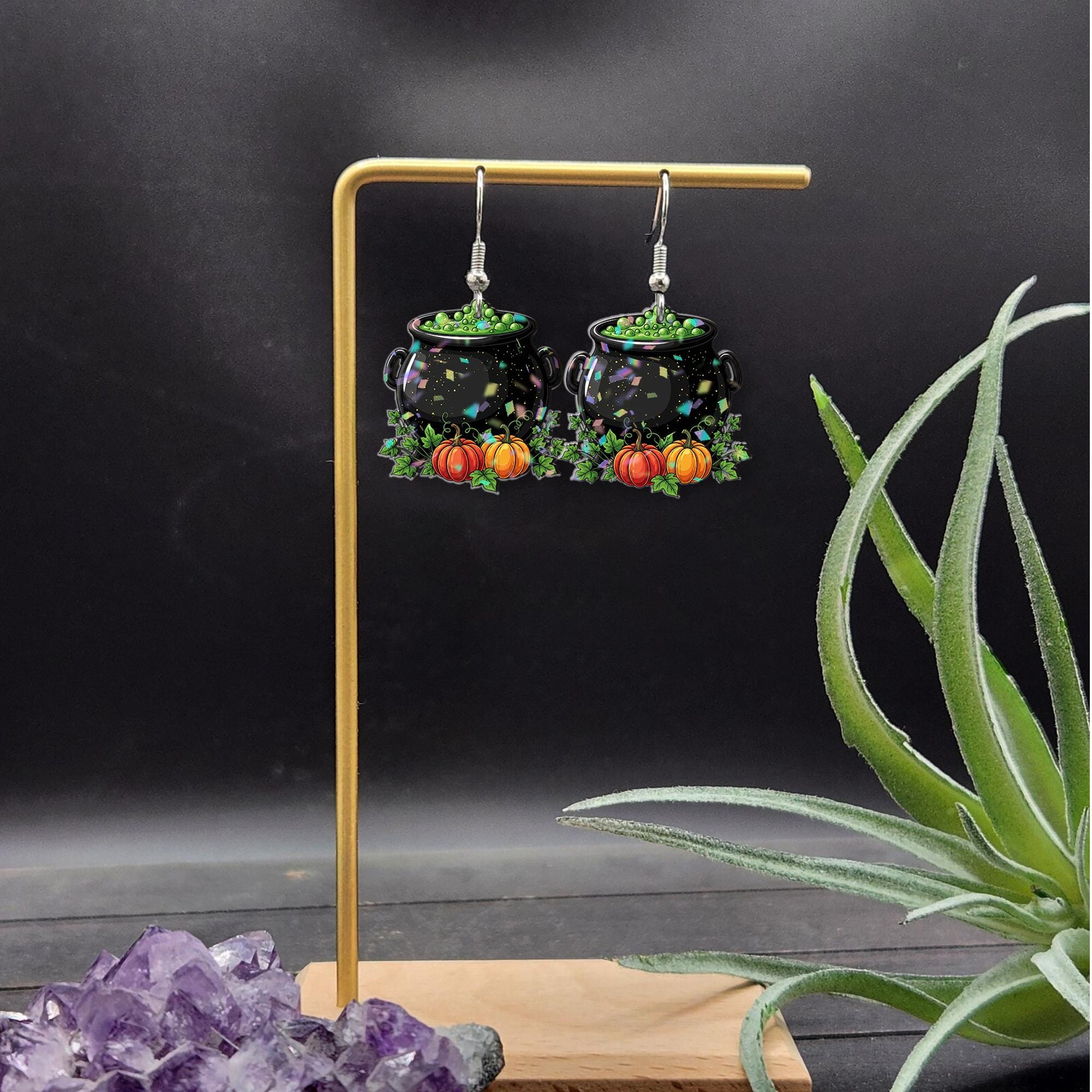 Witch Cauldron Halloween Earrings – Cute Green Potion Dangle Jewelry with Pumpkins – Spooky Fall Accessory for Witchy Vibes, Gothic Earrings