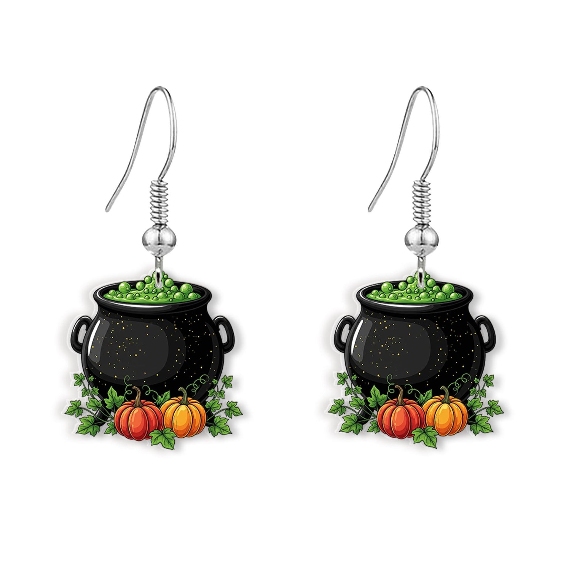 Witch Cauldron Halloween Earrings – Cute Green Potion Dangle Jewelry with Pumpkins – Spooky Fall Accessory for Witchy Vibes, Gothic Earrings
