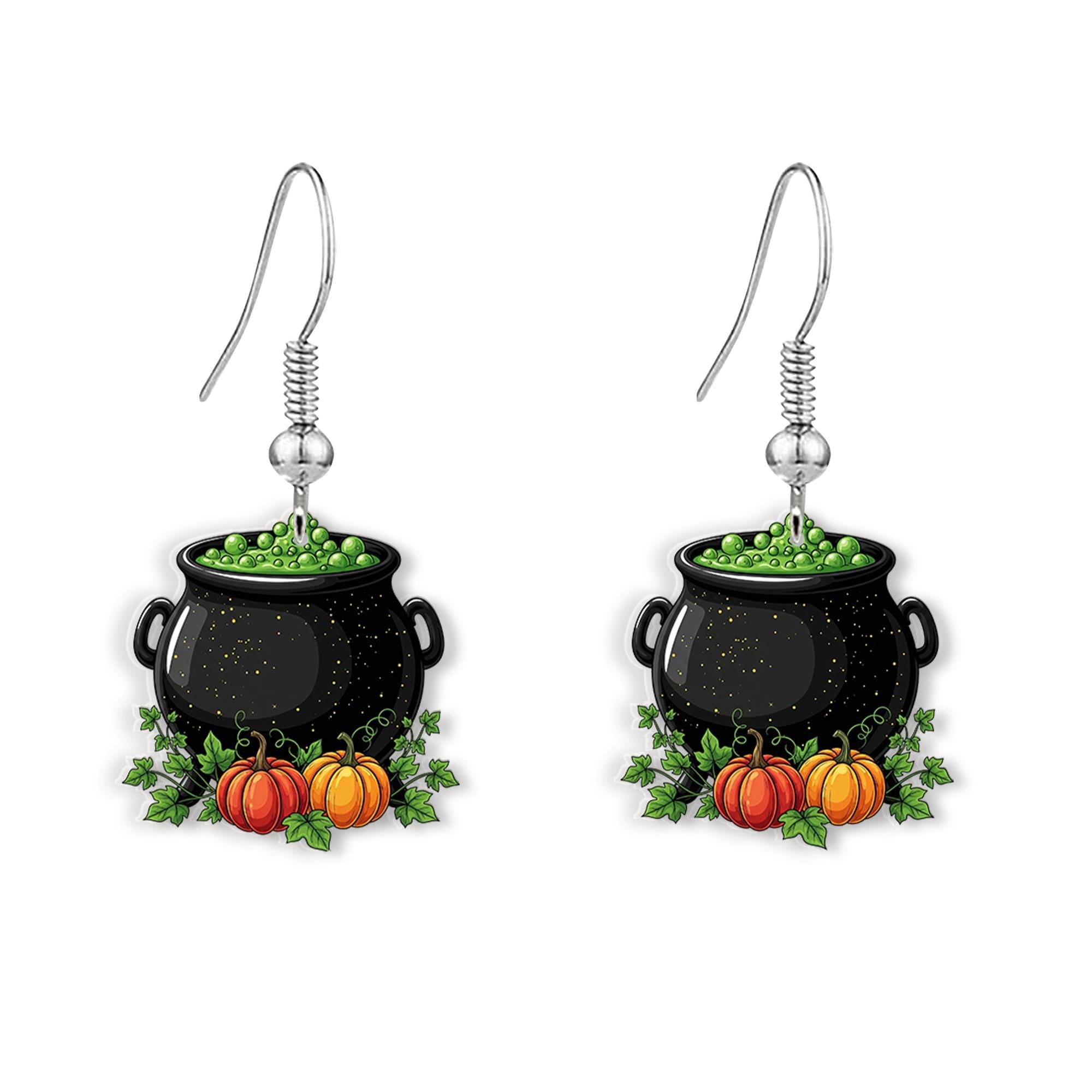 Witch Cauldron Halloween Earrings – Cute Green Potion Dangle Jewelry with Pumpkins – Spooky Fall Accessory for Witchy Vibes, Gothic Earrings