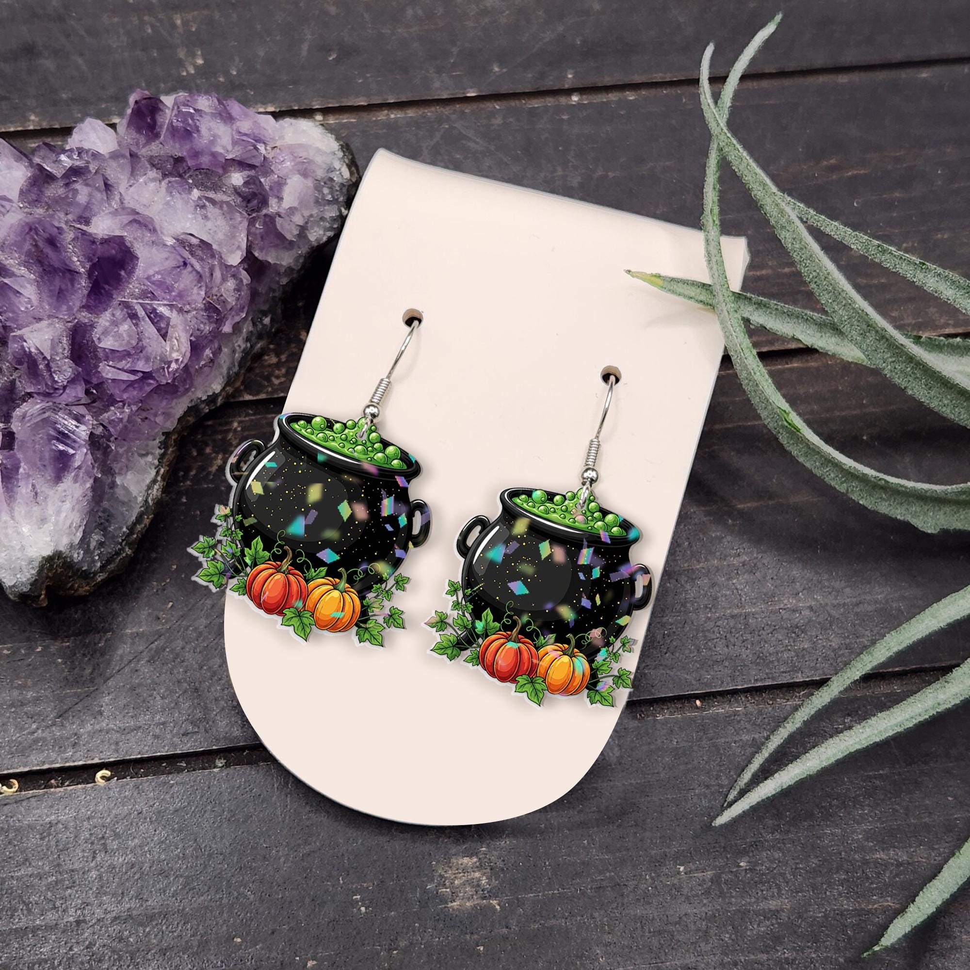 Witch Cauldron Halloween Earrings – Cute Green Potion Dangle Jewelry with Pumpkins – Spooky Fall Accessory for Witchy Vibes, Gothic Earrings