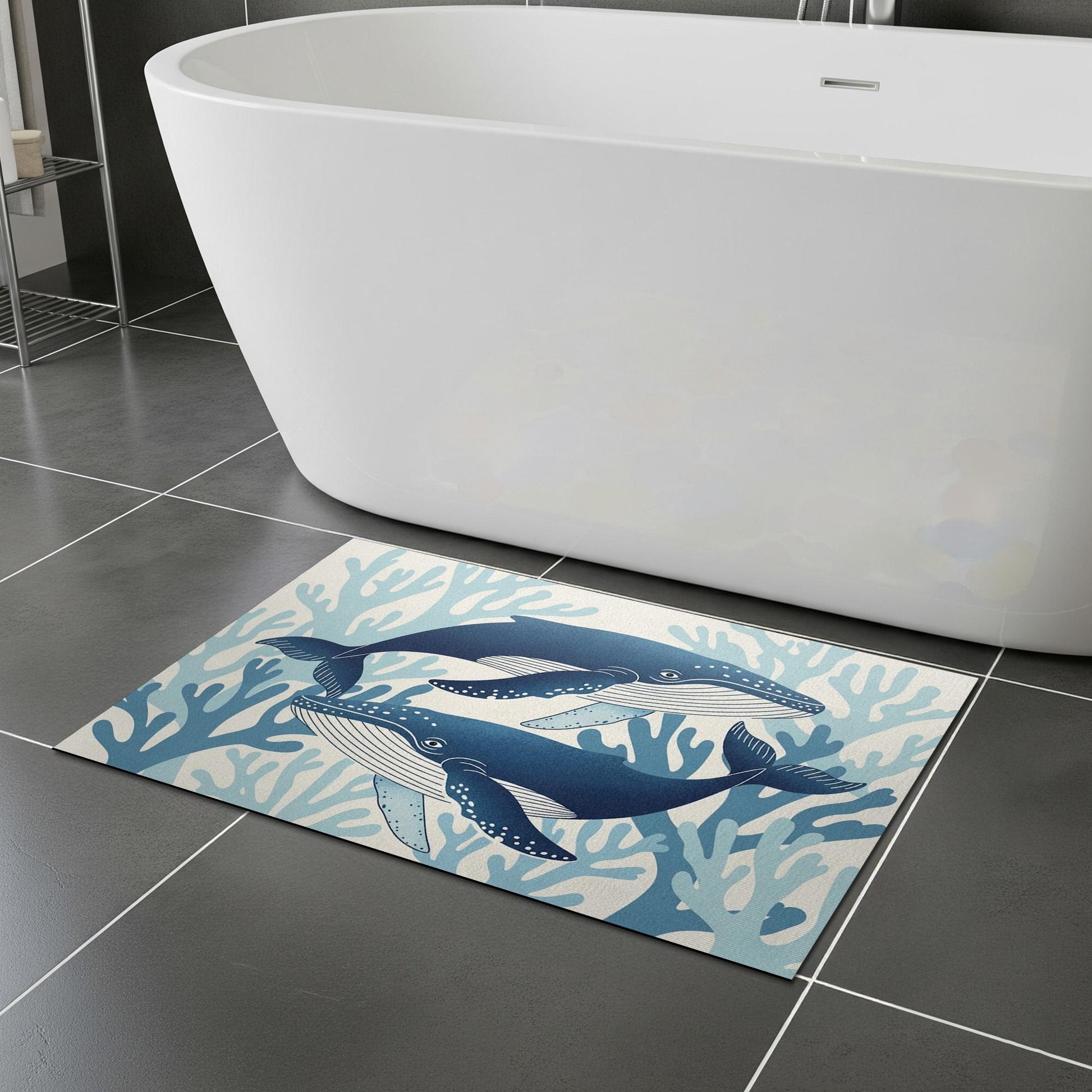 Whale Bath Mat, Ocean Theme Bathroom Rug, Coastal Sea Life Decor, Marine Animal Floor Mat, Nautical Bathroom Accessory Gift