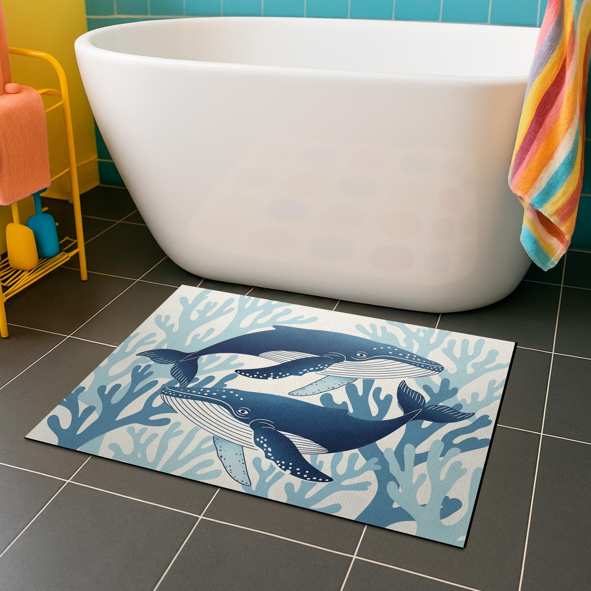 Whale Bath Mat, Ocean Theme Bathroom Rug, Coastal Sea Life Decor, Marine Animal Floor Mat, Nautical Bathroom Accessory Gift