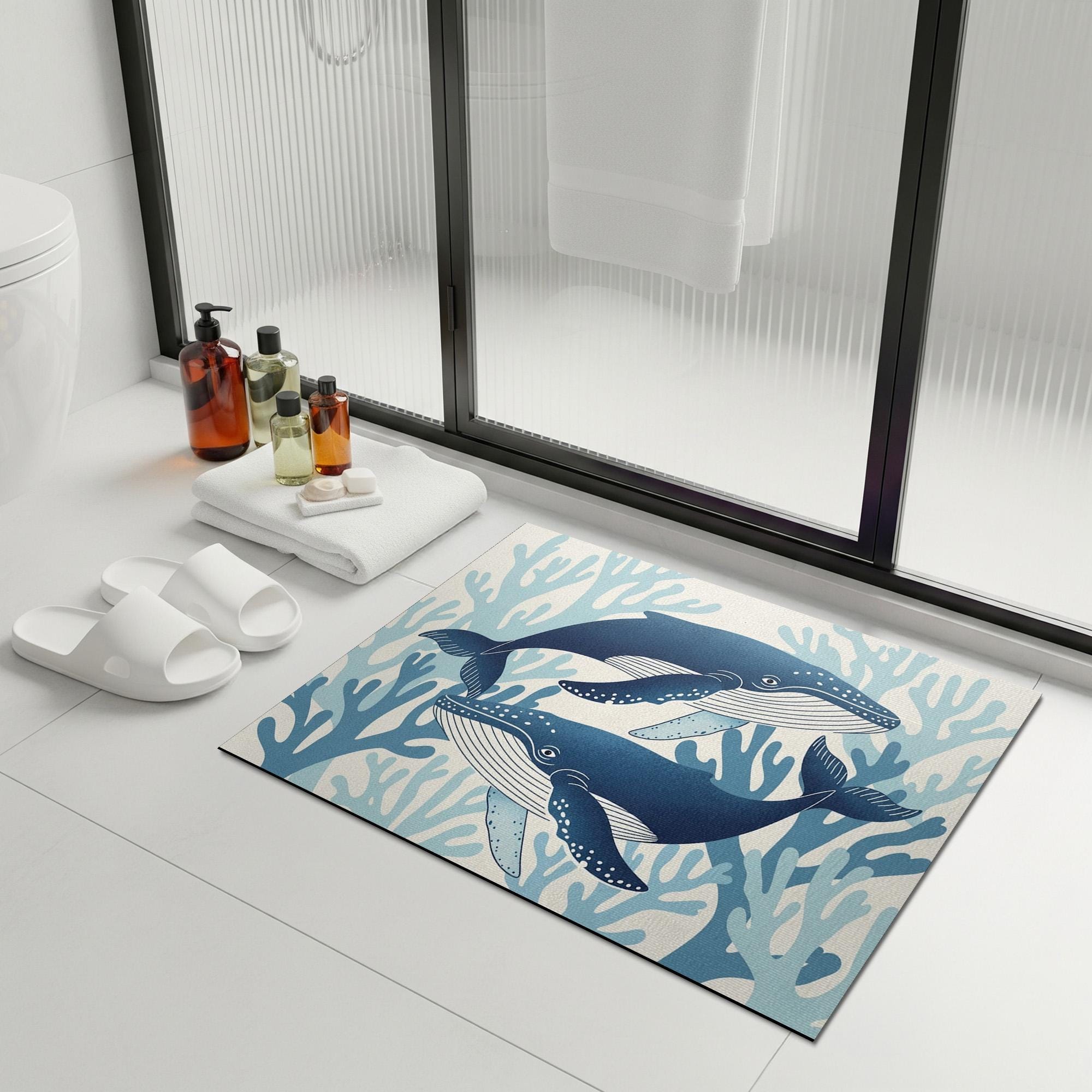 Whale Bath Mat, Ocean Theme Bathroom Rug, Coastal Sea Life Decor, Marine Animal Floor Mat, Nautical Bathroom Accessory Gift