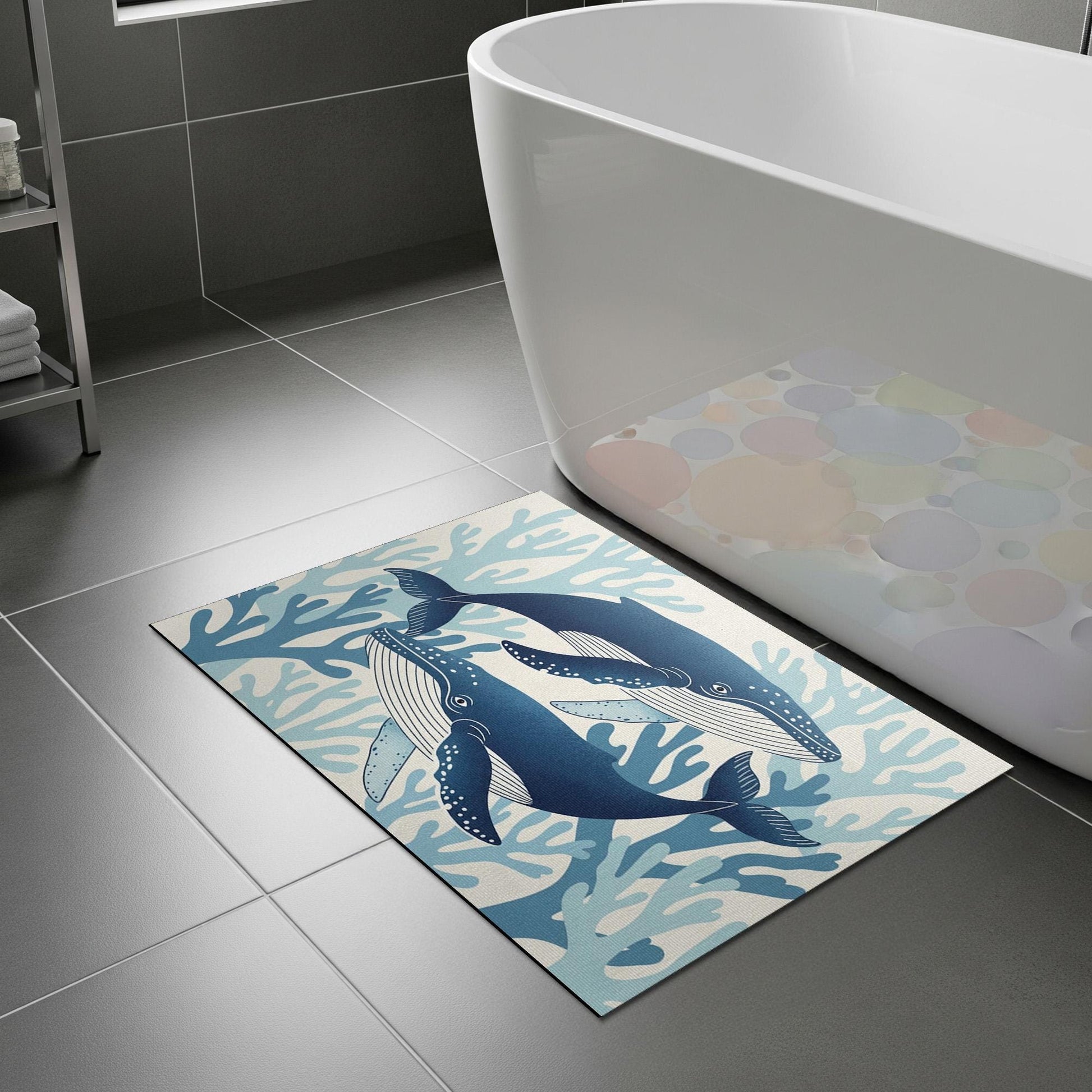 Whale Bath Mat, Ocean Theme Bathroom Rug, Coastal Sea Life Decor, Marine Animal Floor Mat, Nautical Bathroom Accessory Gift