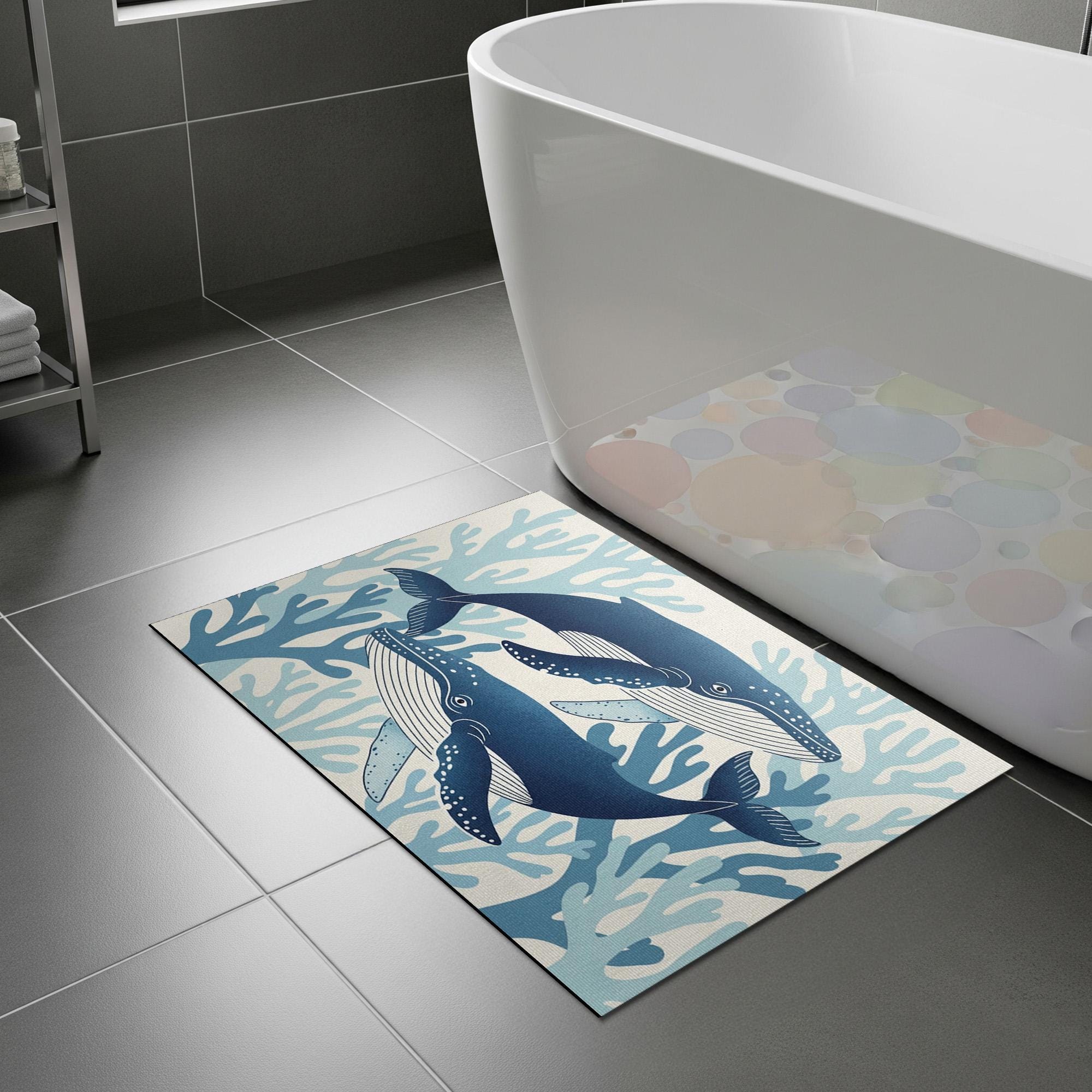 Whale Bath Mat, Ocean Theme Bathroom Rug, Coastal Sea Life Decor, Marine Animal Floor Mat, Nautical Bathroom Accessory Gift