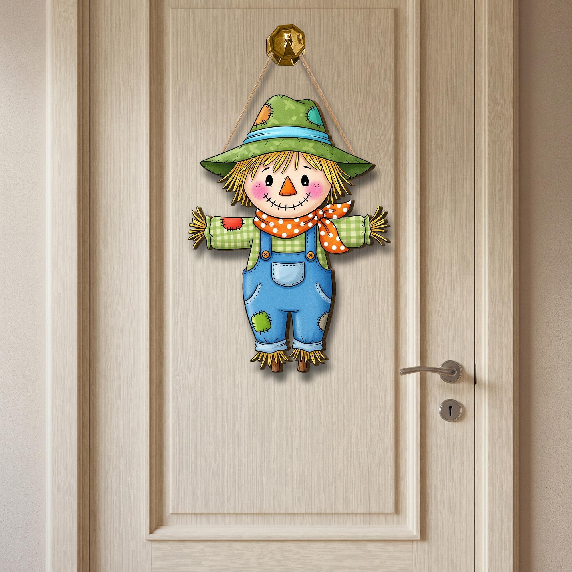 Cute Scarecrow Door Hanger, Fall Farmhouse Porch Decor for Autumn, Thanksgiving, Rustic Hanging Sign for Front Door or Wall, Fall Home Decor